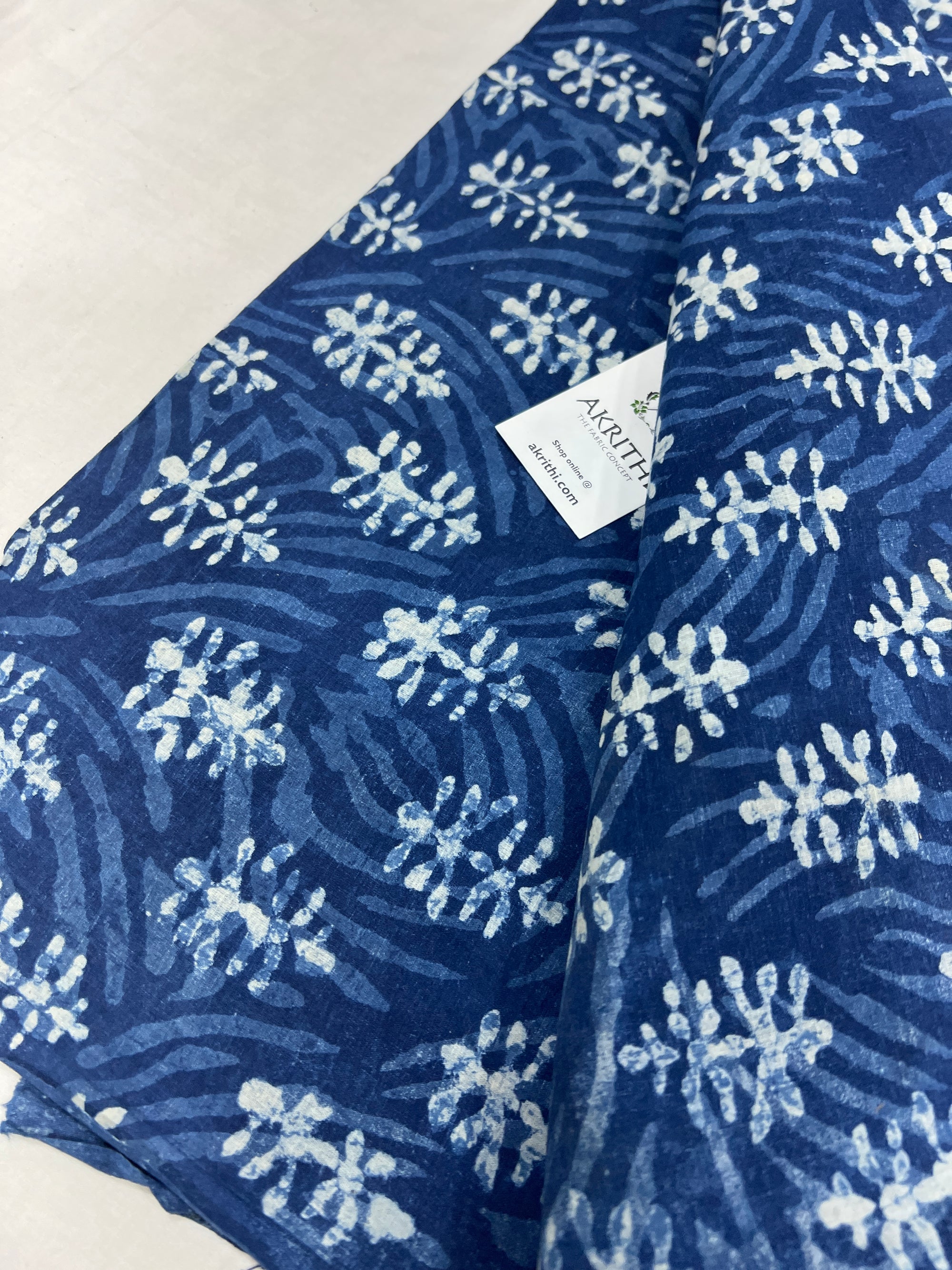 Indigo hand block printed pure cotton fabric