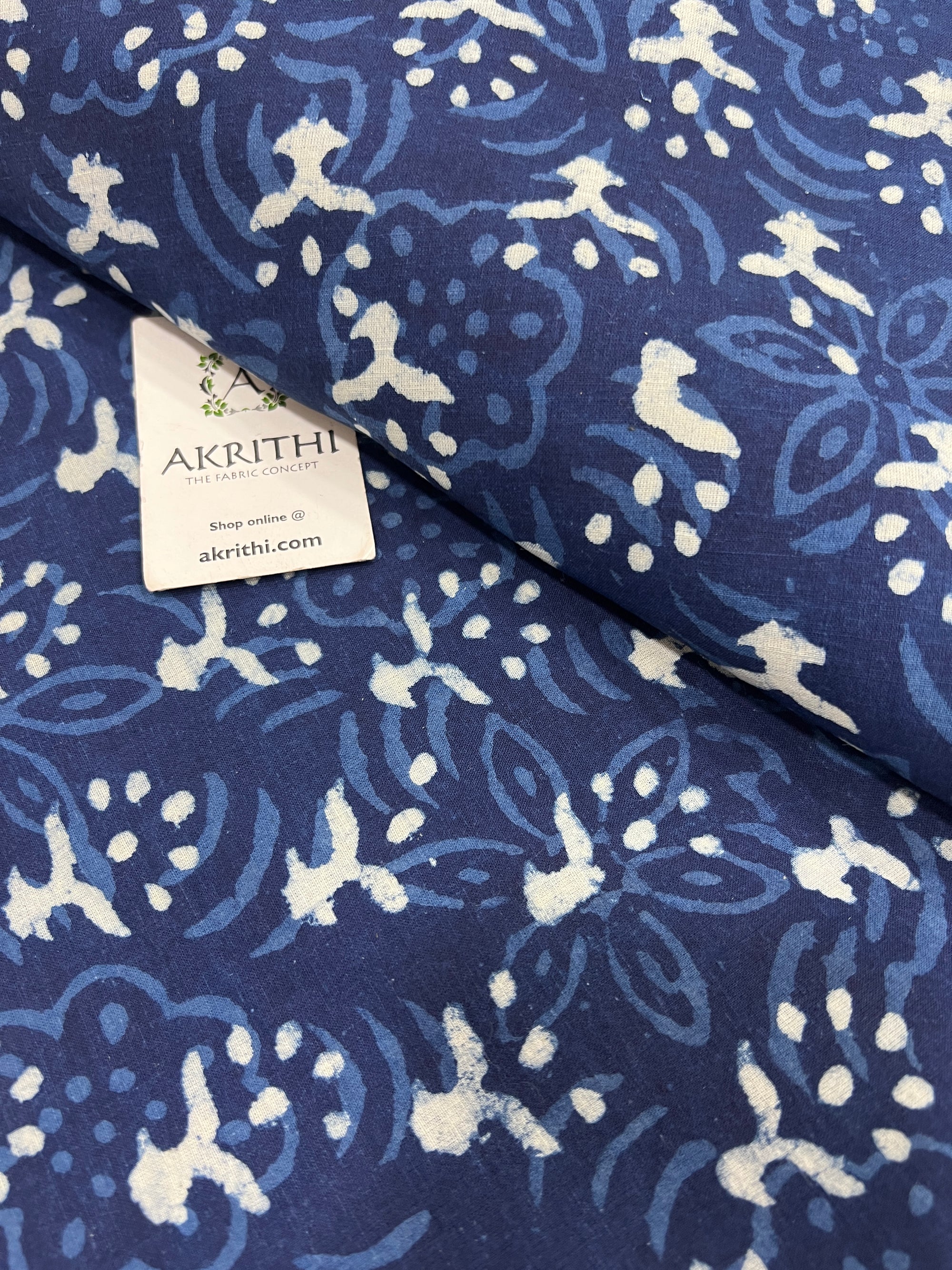 Indigo hand block printed pure cotton fabric