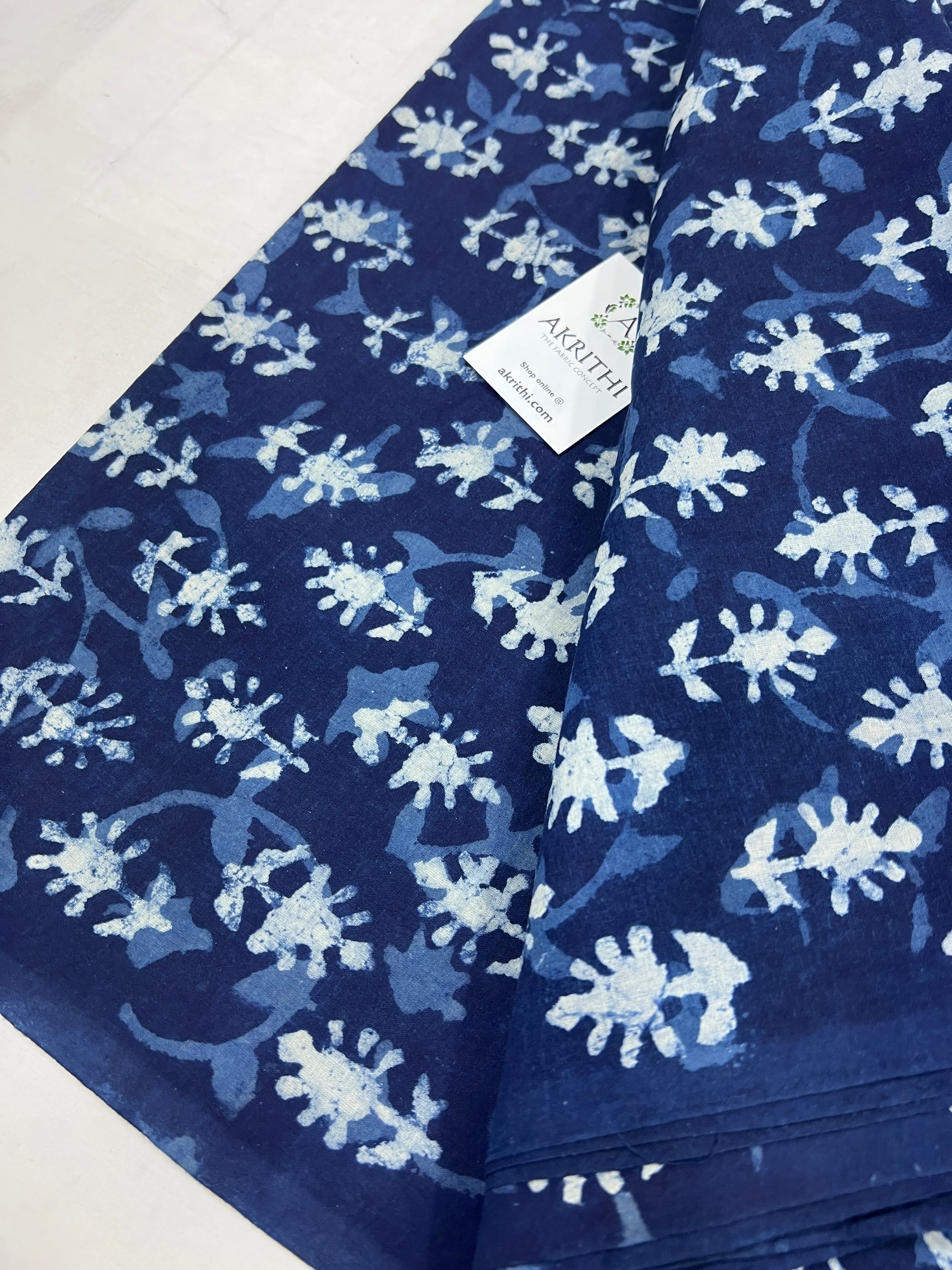 Indigo hand block printed pure cotton fabric