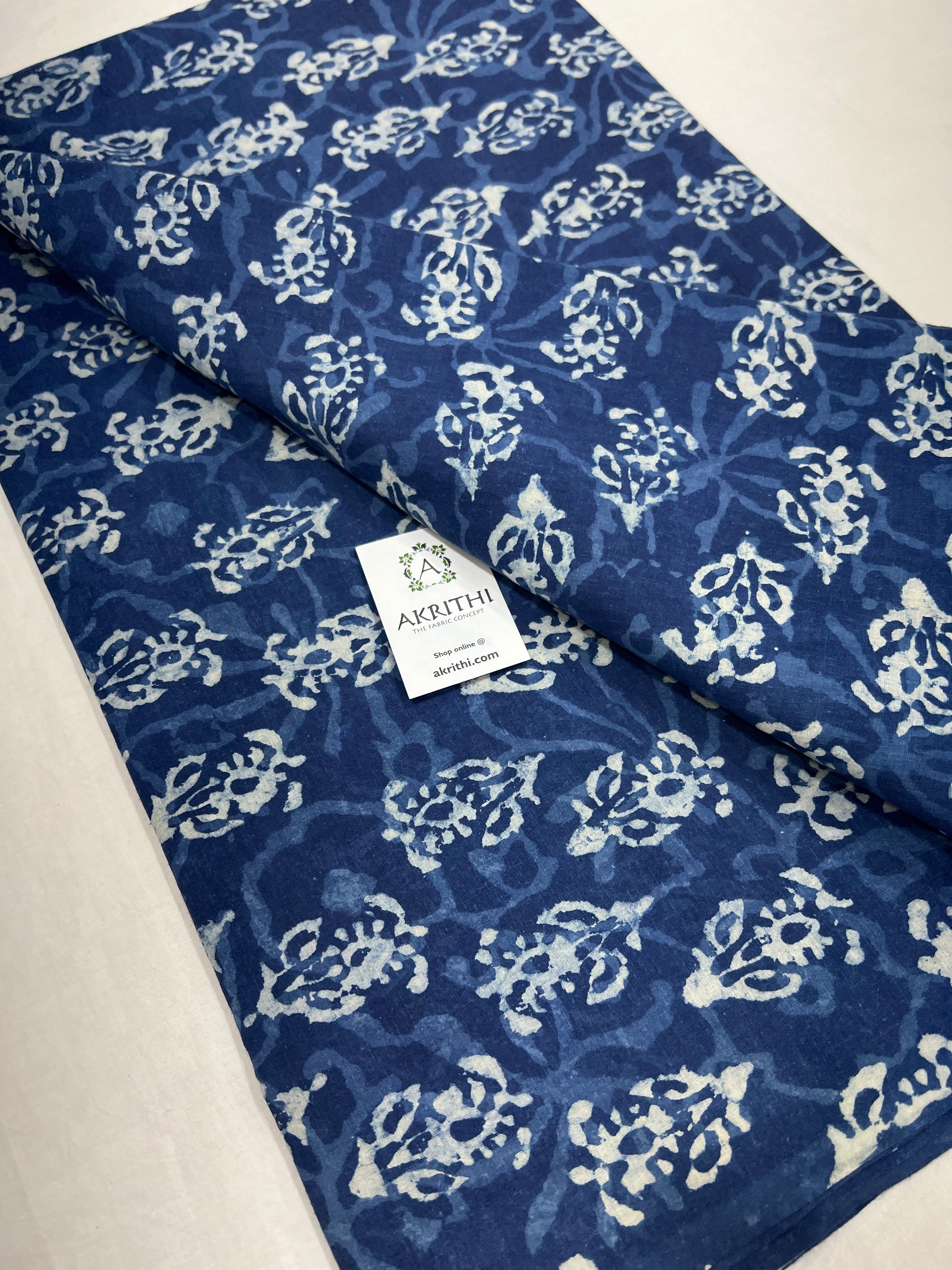Indigo hand block printed pure cotton fabric