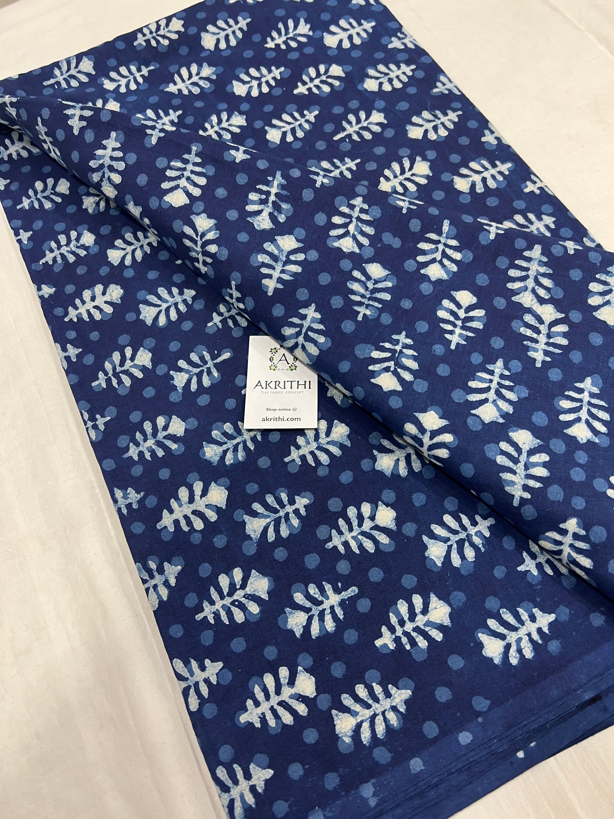Indigo hand block printed pure cotton fabric