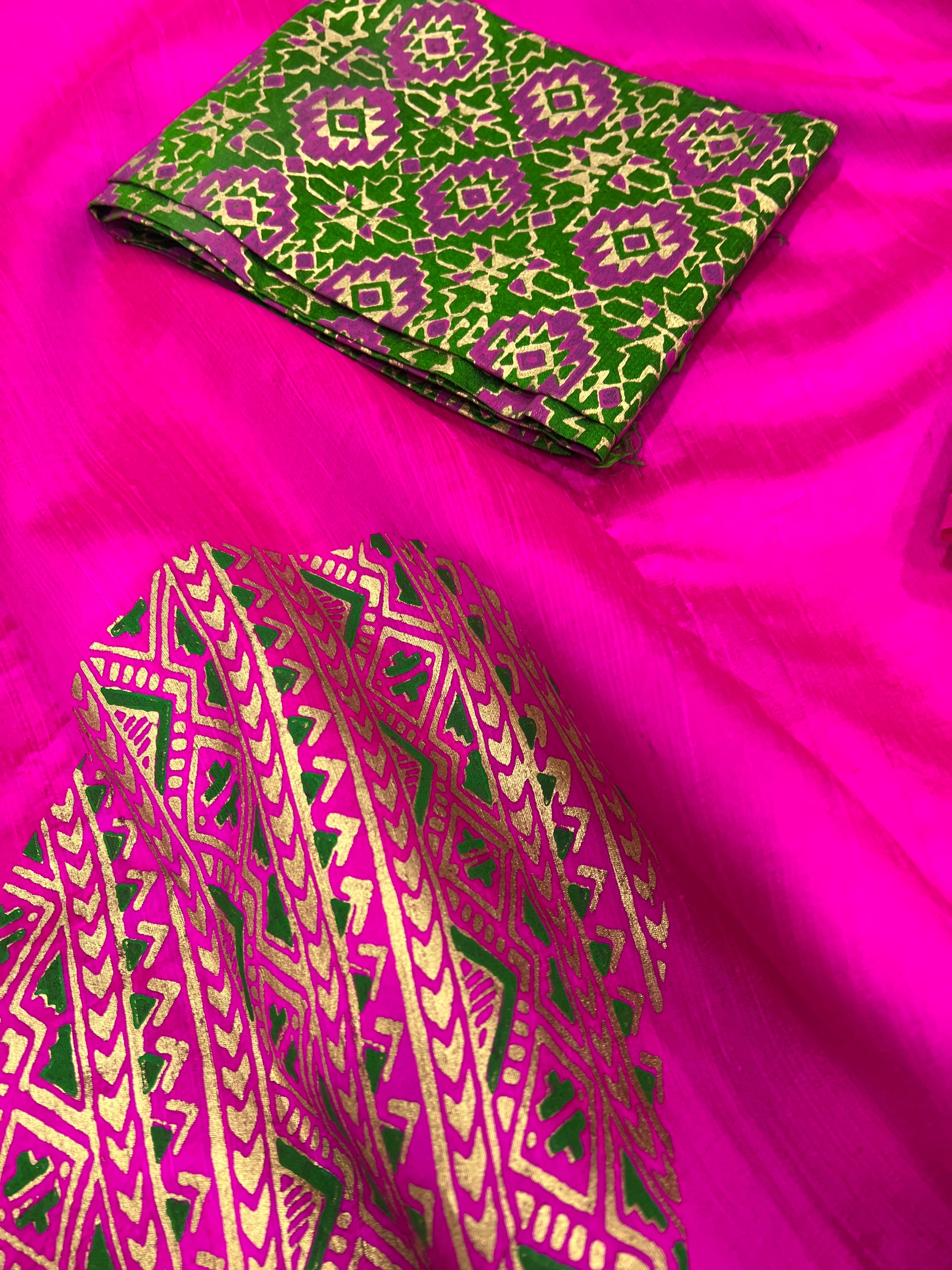 Dupion pure raw silk saree with block print