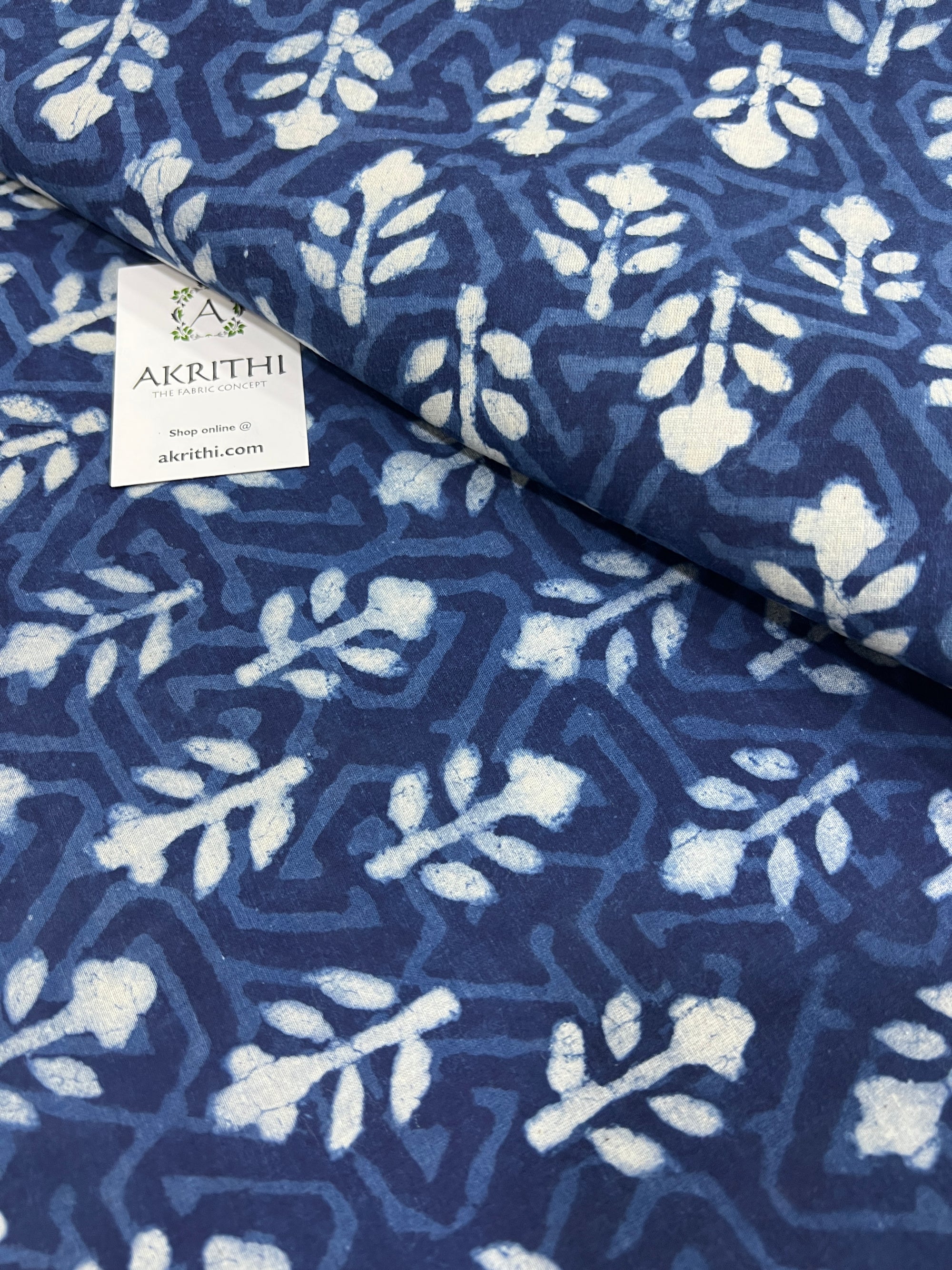 Indigo hand block printed pure cotton fabric 1.45 CM CUT