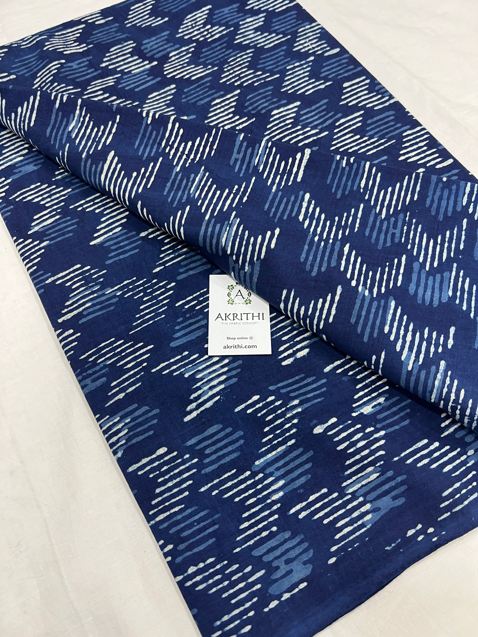 Indigo hand block printed pure cotton fabric