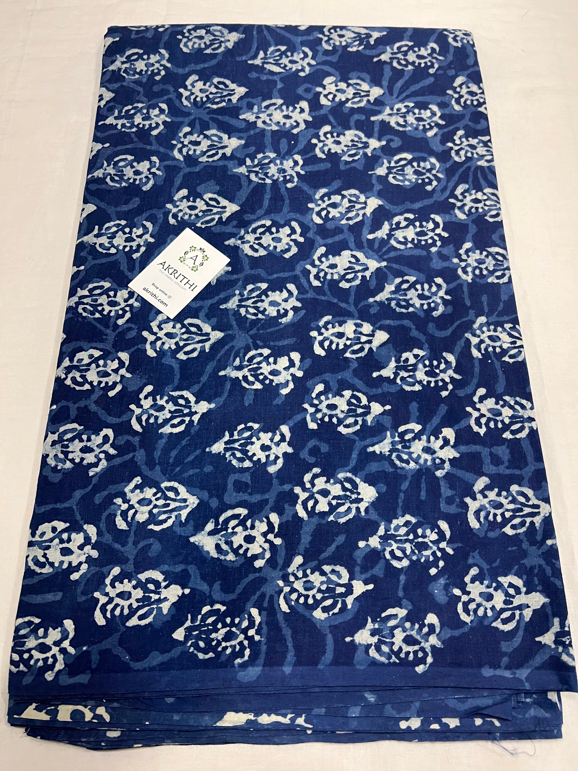Indigo hand block printed pure cotton fabric