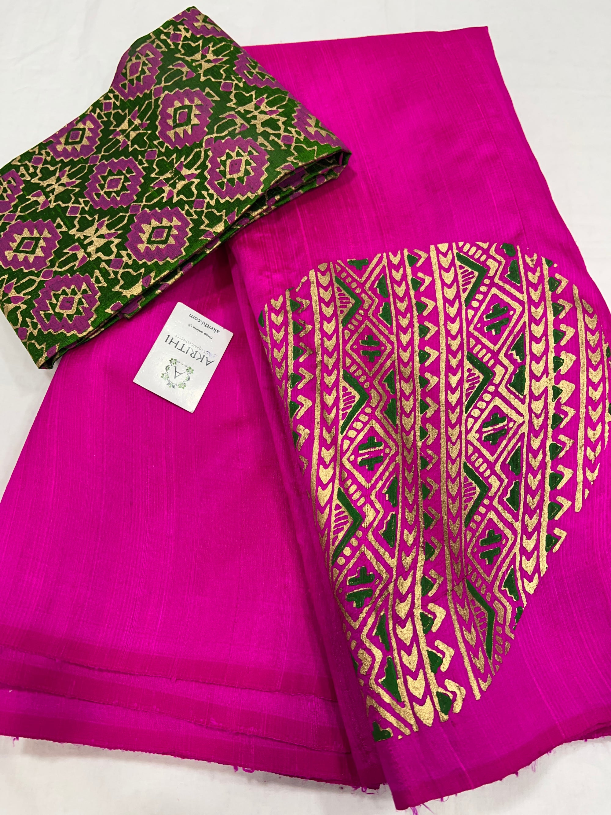 Dupion pure raw silk saree with block print