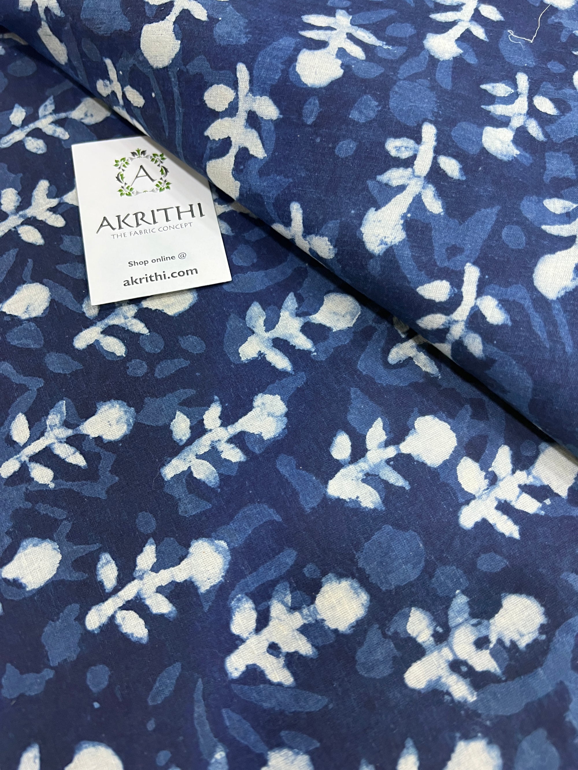 Indigo hand block printed pure cotton fabric 65 CM CUT