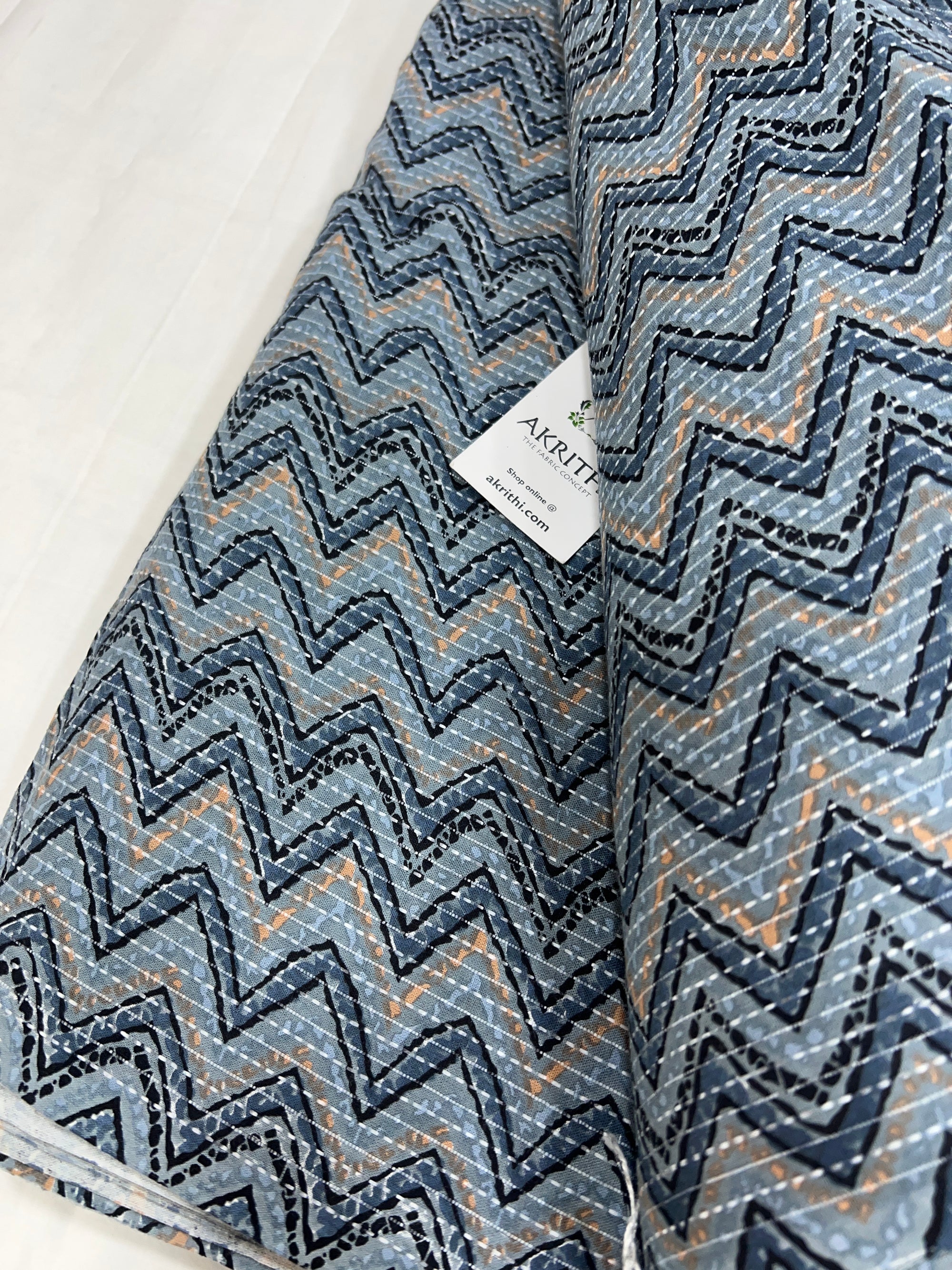 Dark grey Kantha Printed pure cotton fabric