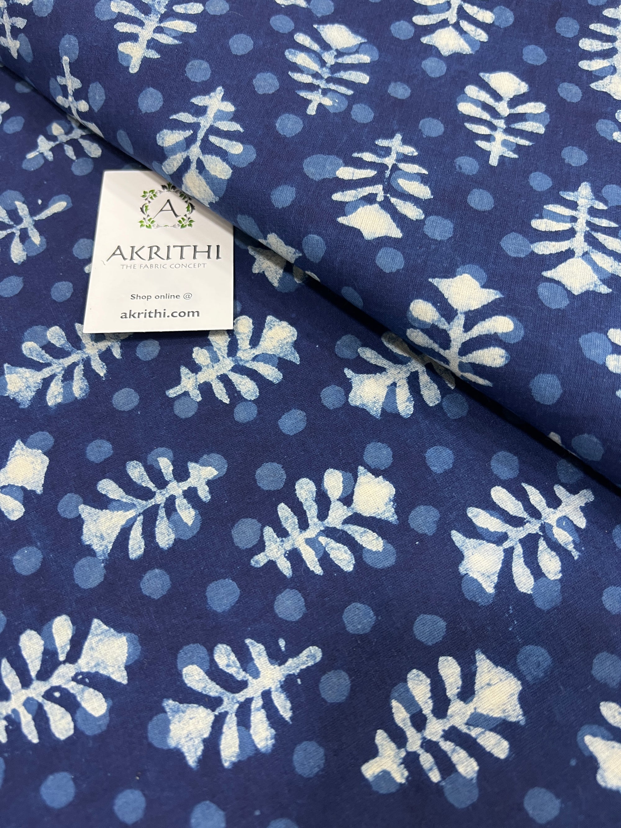Indigo hand block printed pure cotton fabric