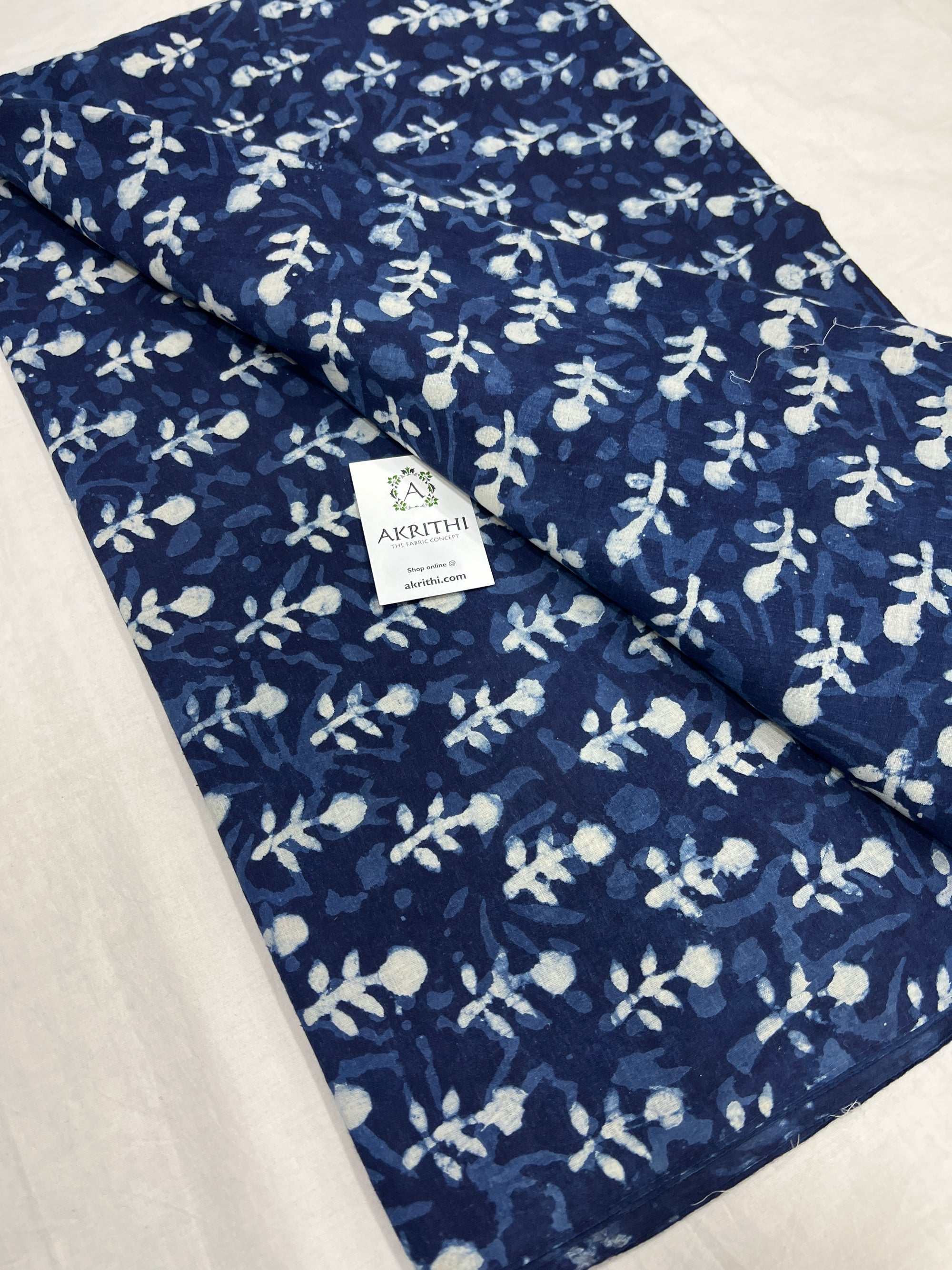Indigo hand block printed pure cotton fabric 65 CM CUT
