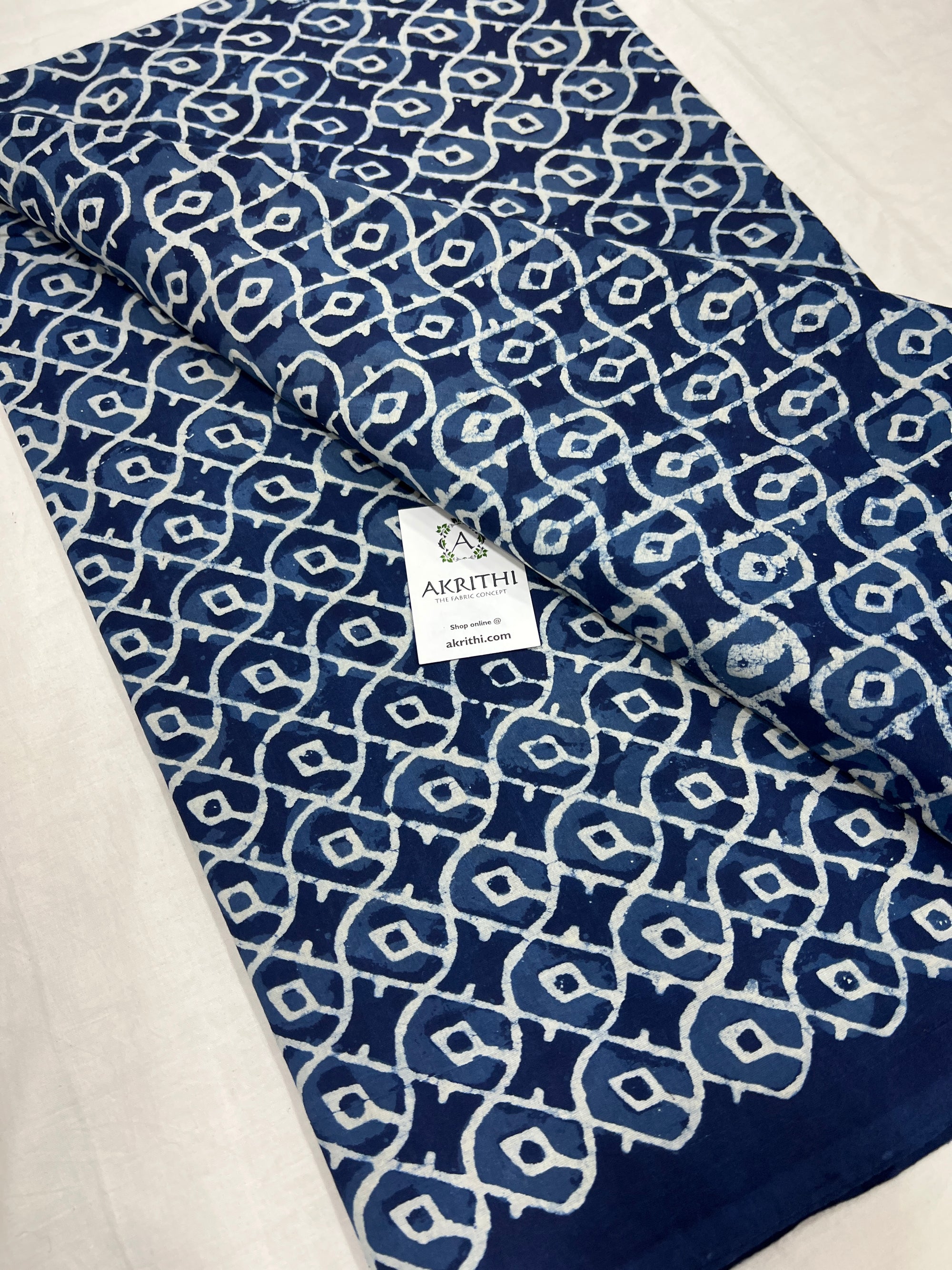 Indigo hand block printed pure cotton fabric