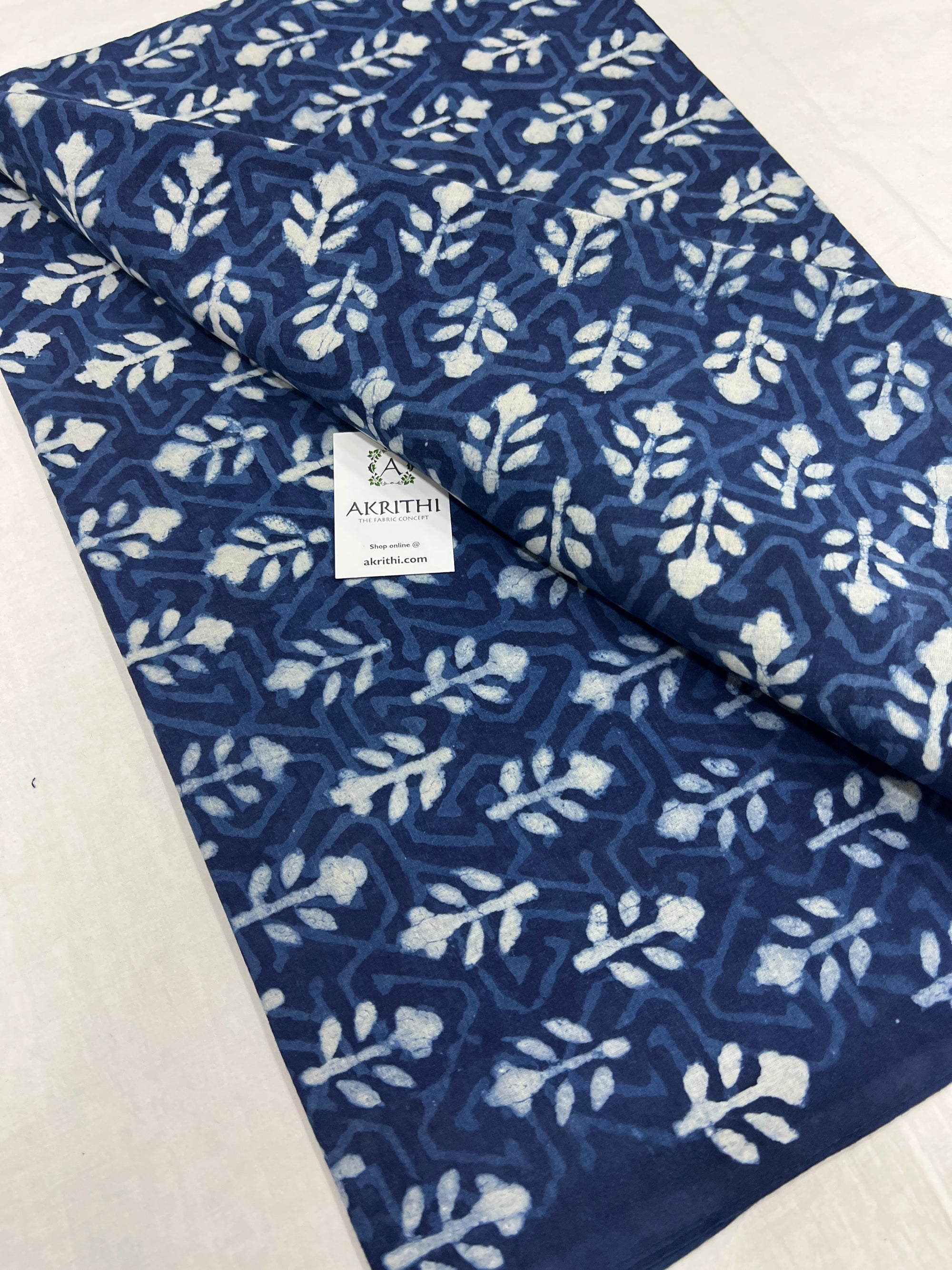 Indigo hand block printed pure cotton fabric 1.45 CM CUT