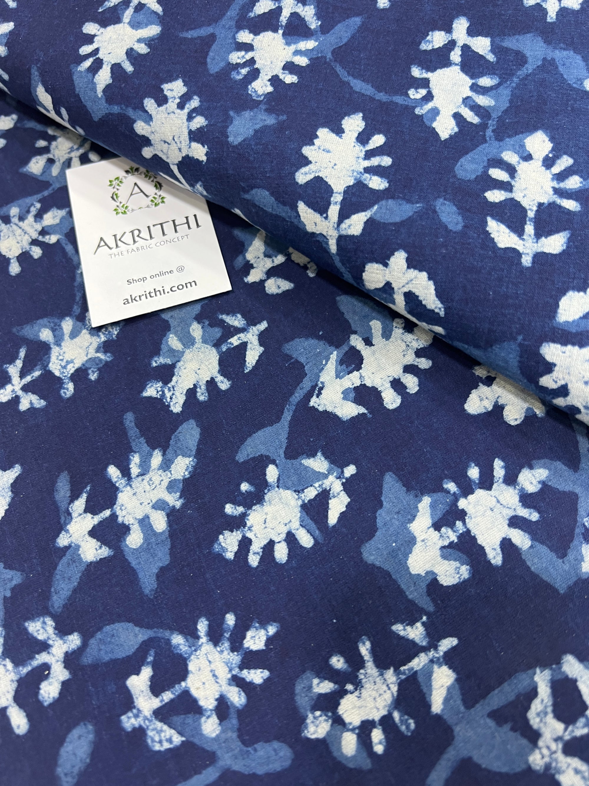 Indigo hand block printed pure cotton fabric