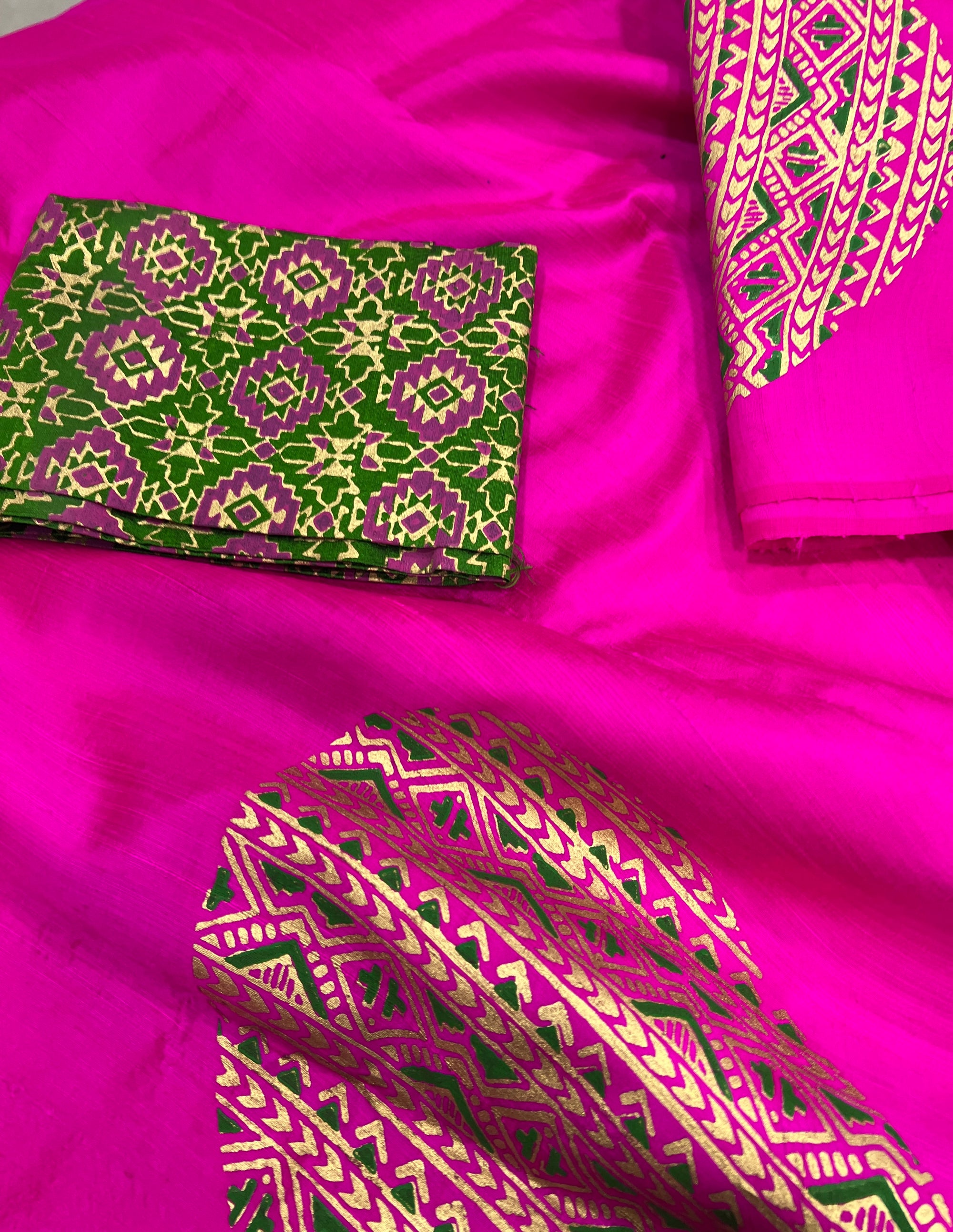 Dupion pure raw silk saree with block print