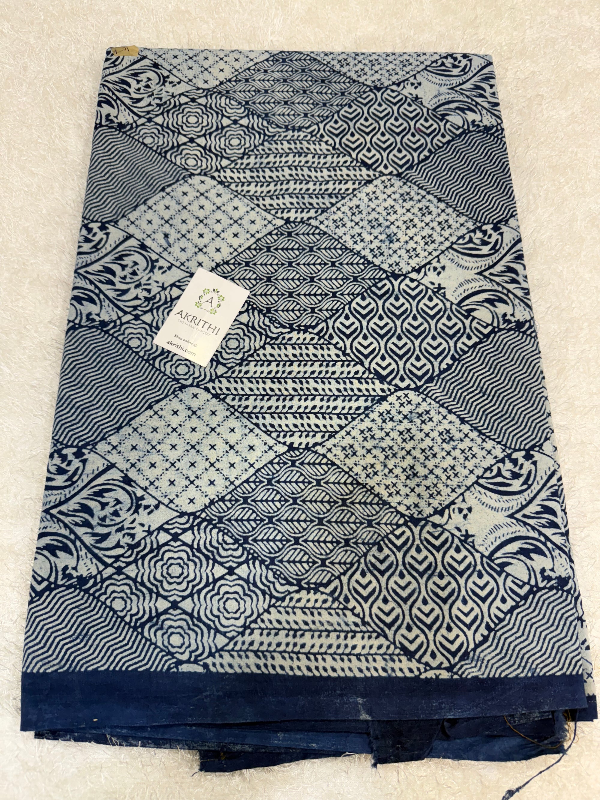 Indigo hand block printed pure cotton fabric