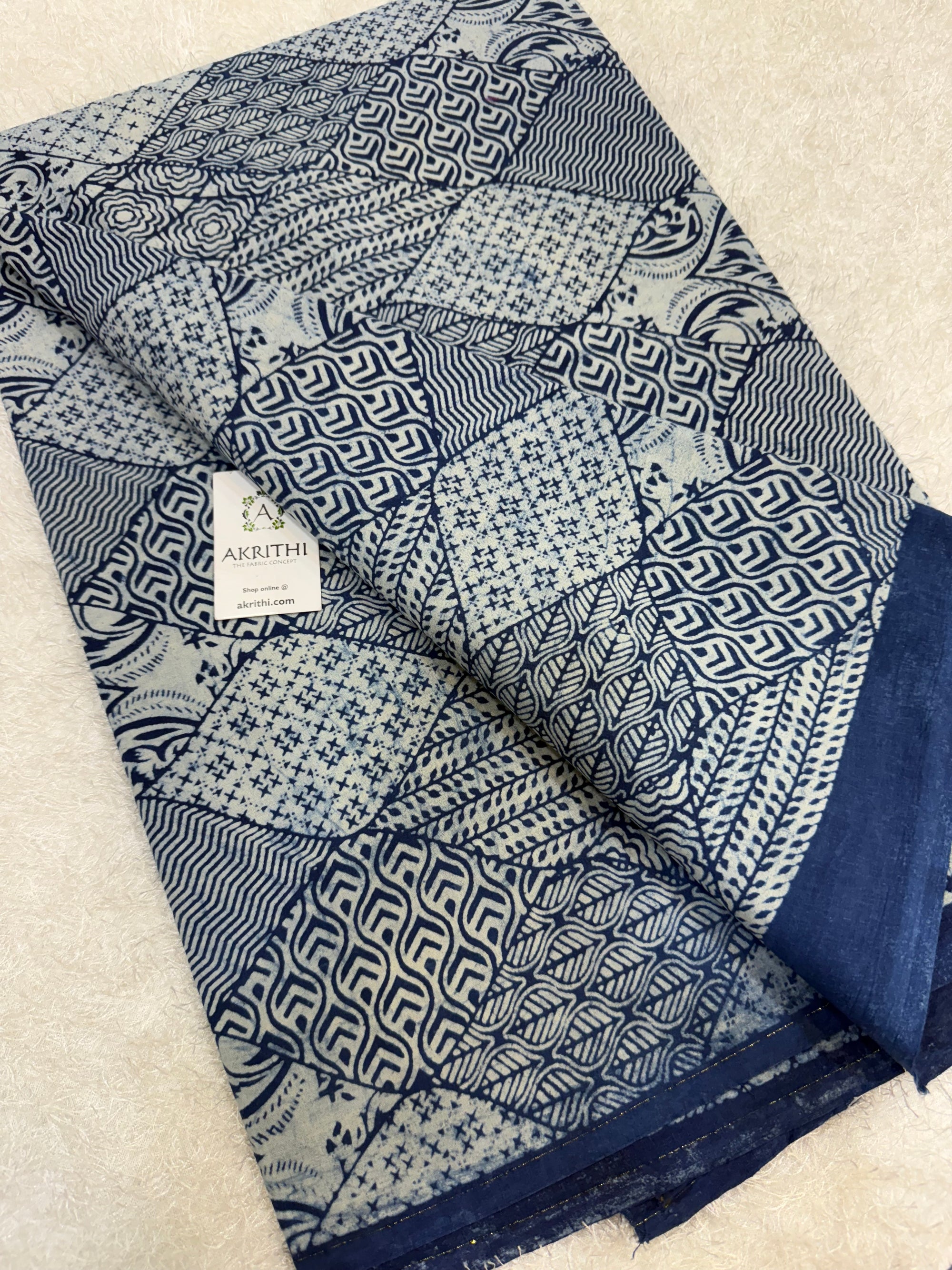 Indigo hand block printed pure cotton fabric