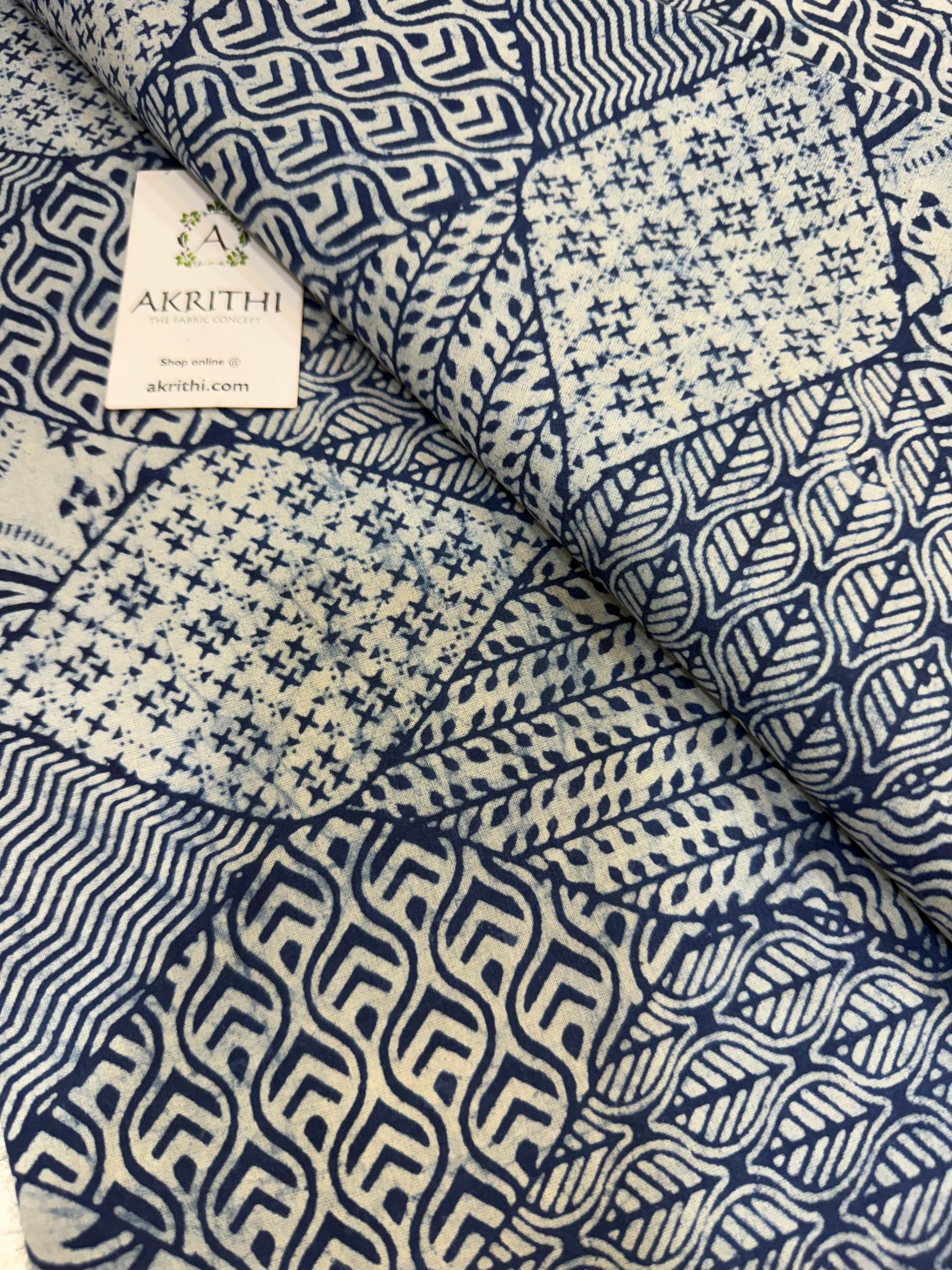 Indigo hand block printed pure cotton fabric