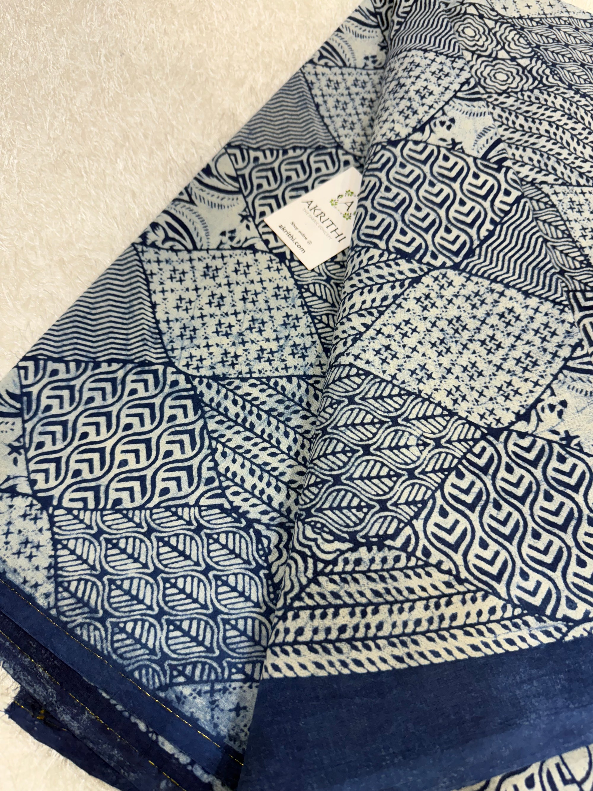 Indigo hand block printed pure cotton fabric