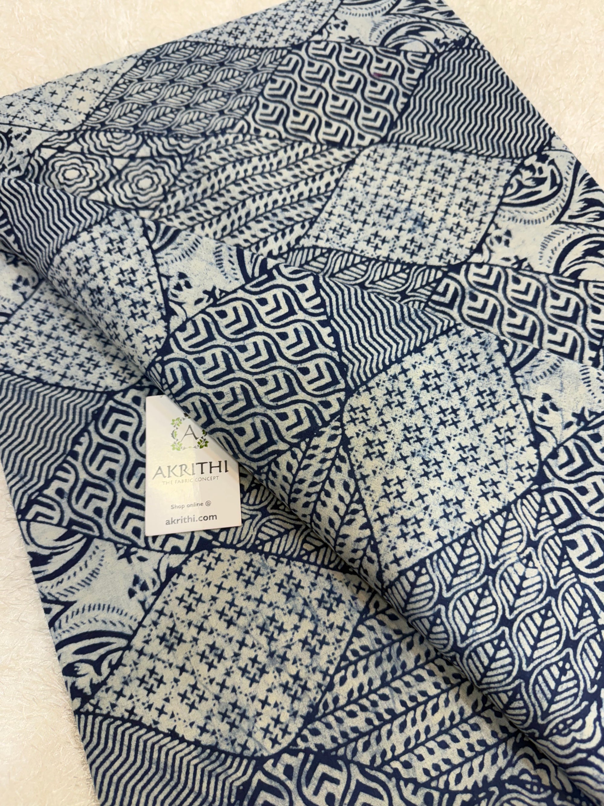 Indigo hand block printed pure cotton fabric