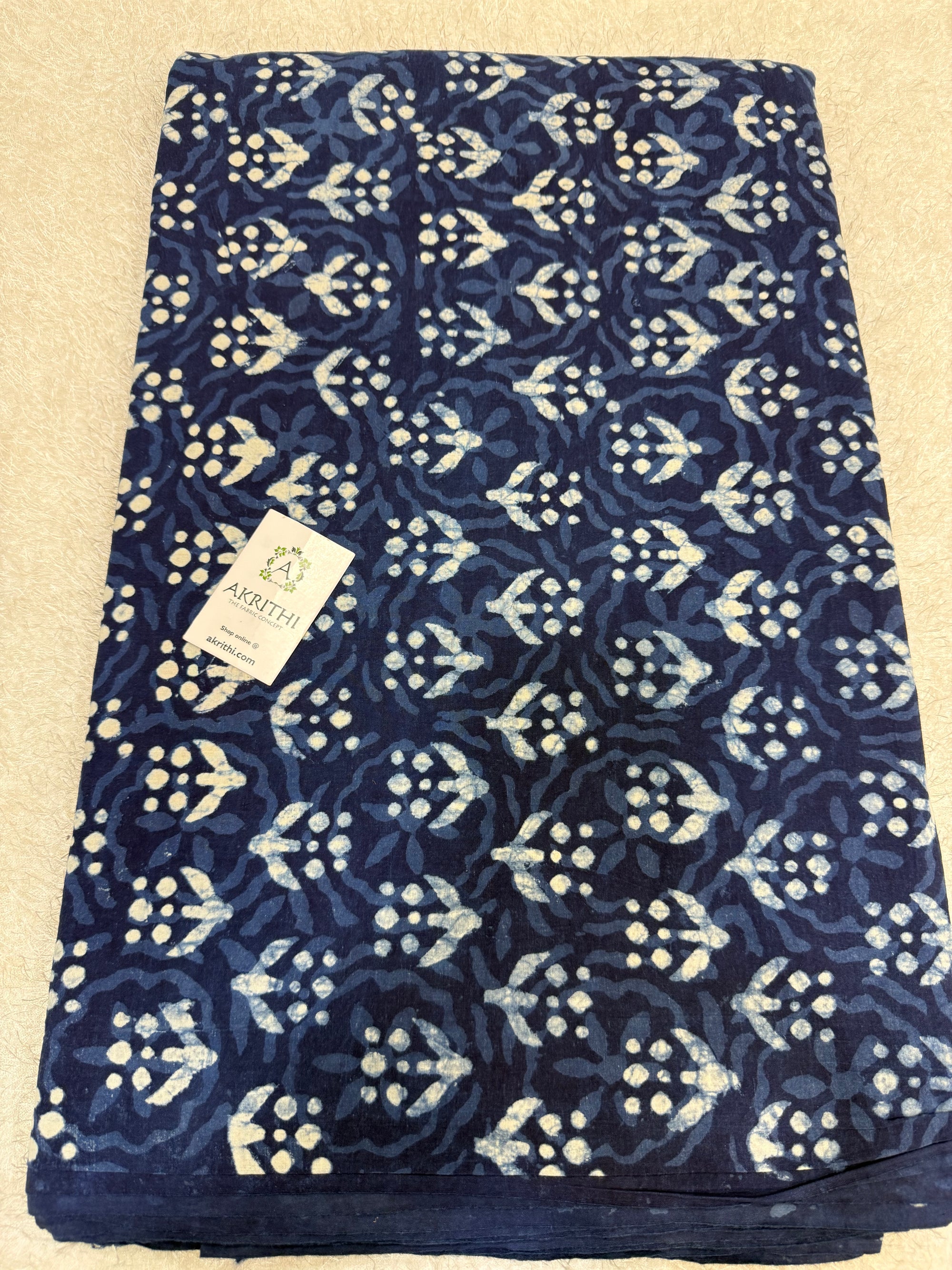 Indigo hand block printed pure cotton fabric