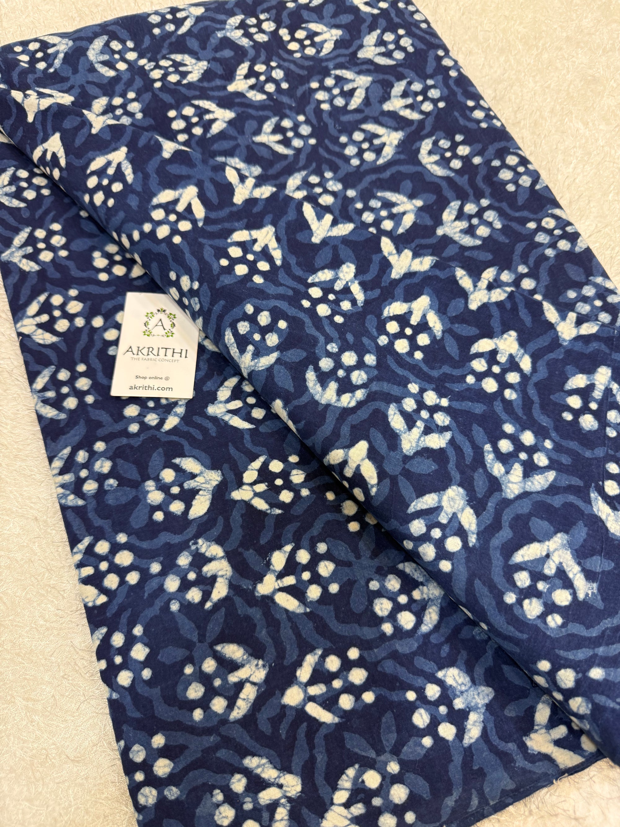 Indigo hand block printed pure cotton fabric