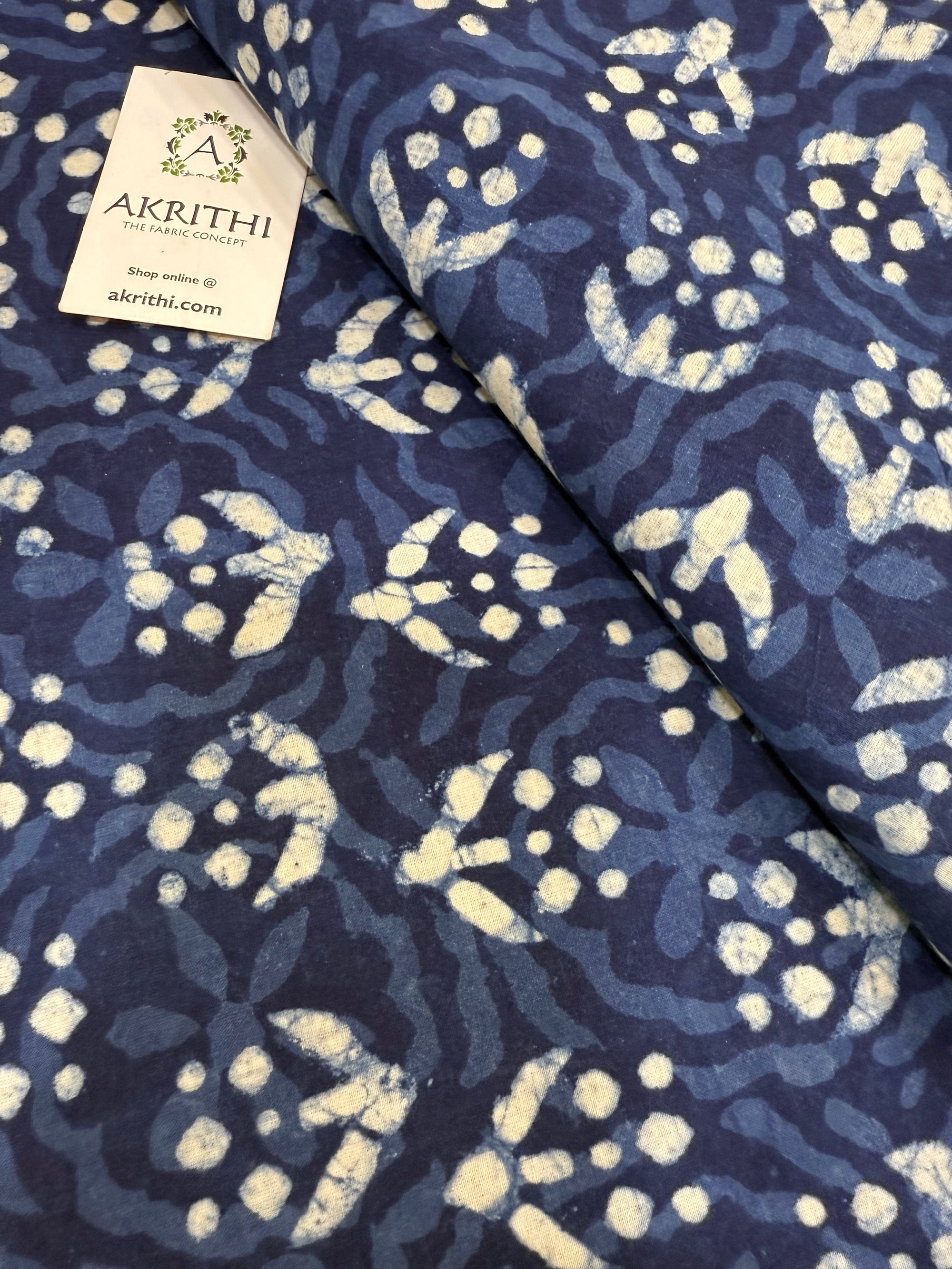Indigo hand block printed pure cotton fabric