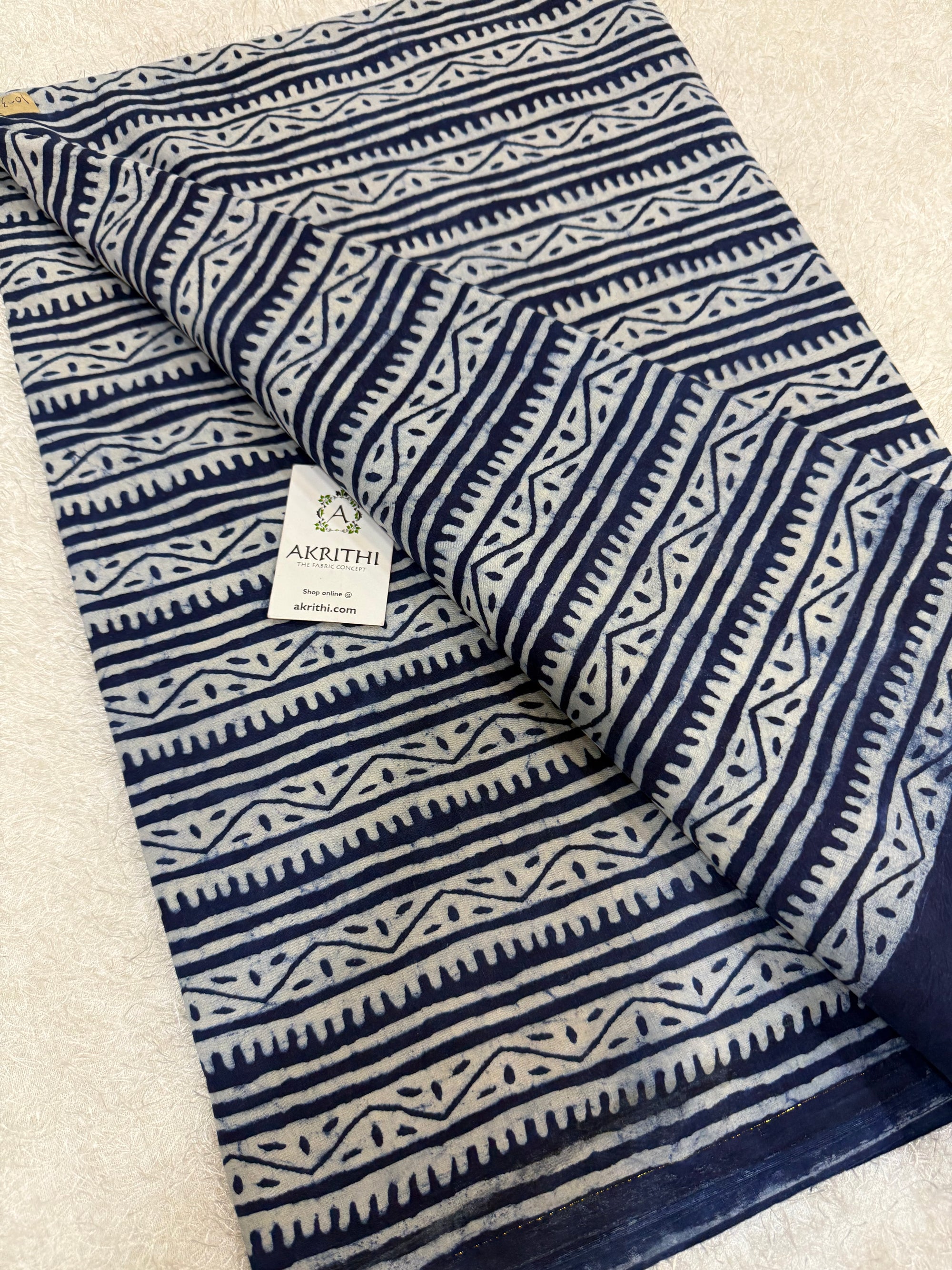 Indigo hand block printed pure cotton fabric