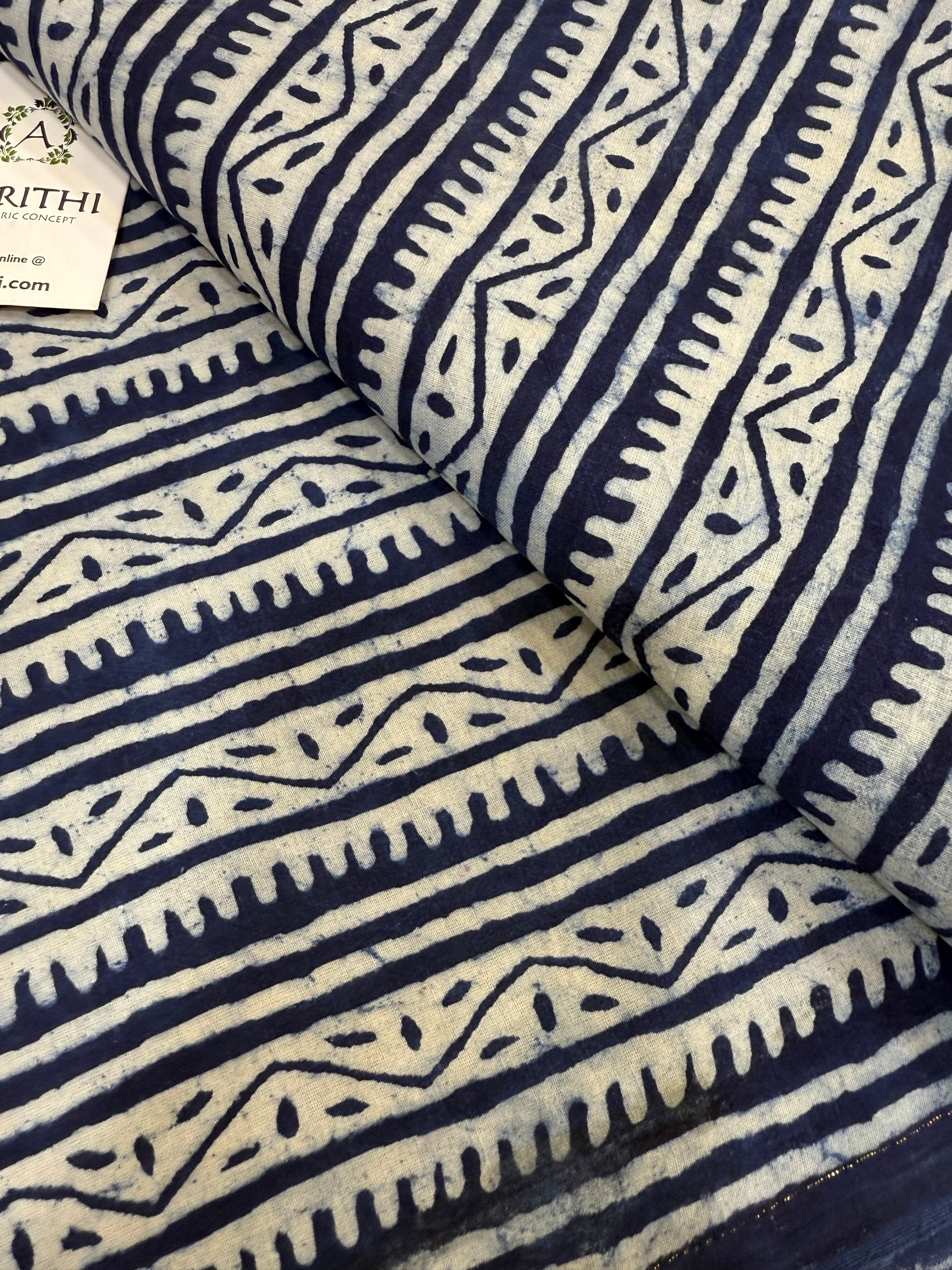 Indigo hand block printed pure cotton fabric