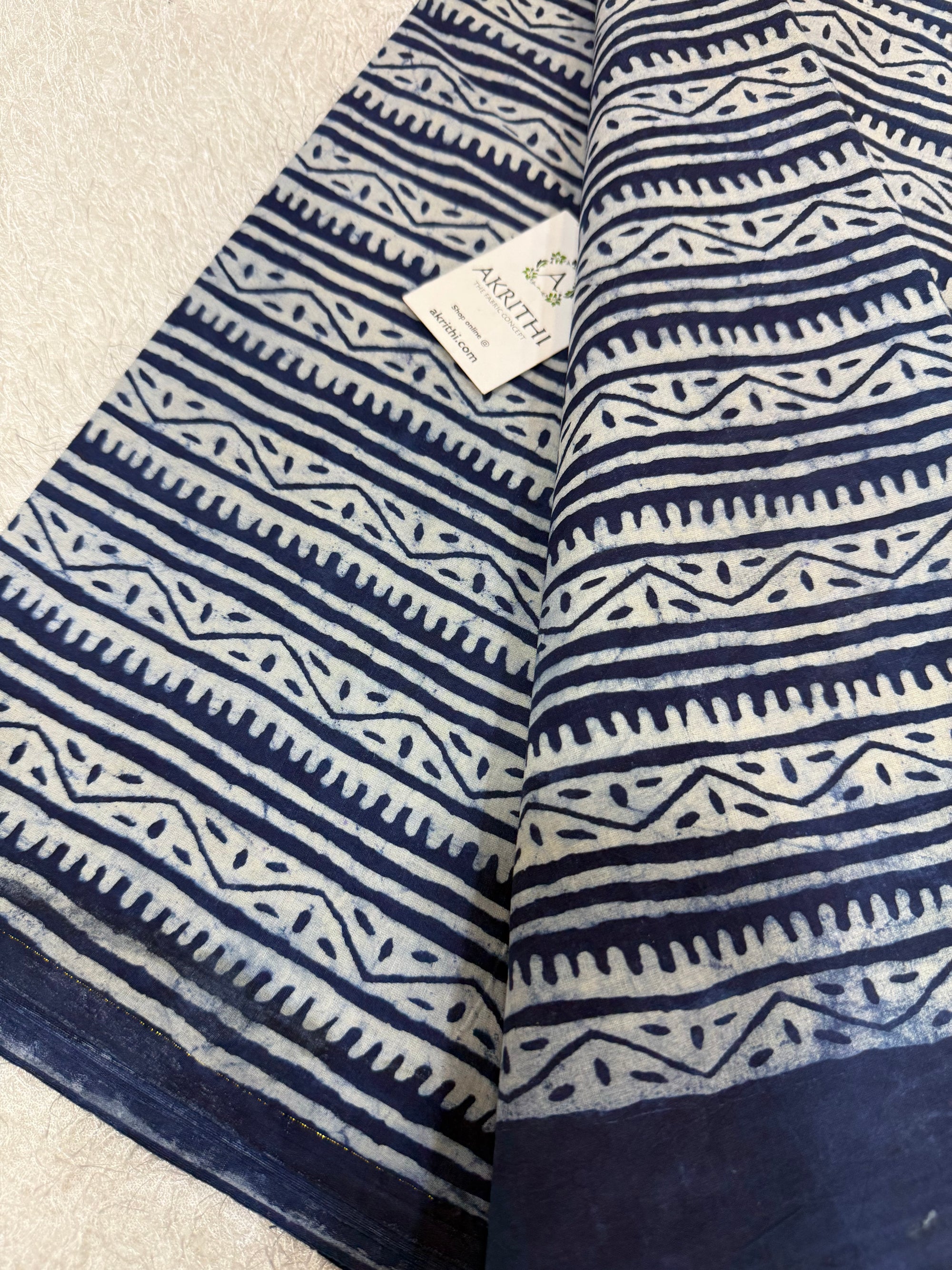 Indigo hand block printed pure cotton fabric
