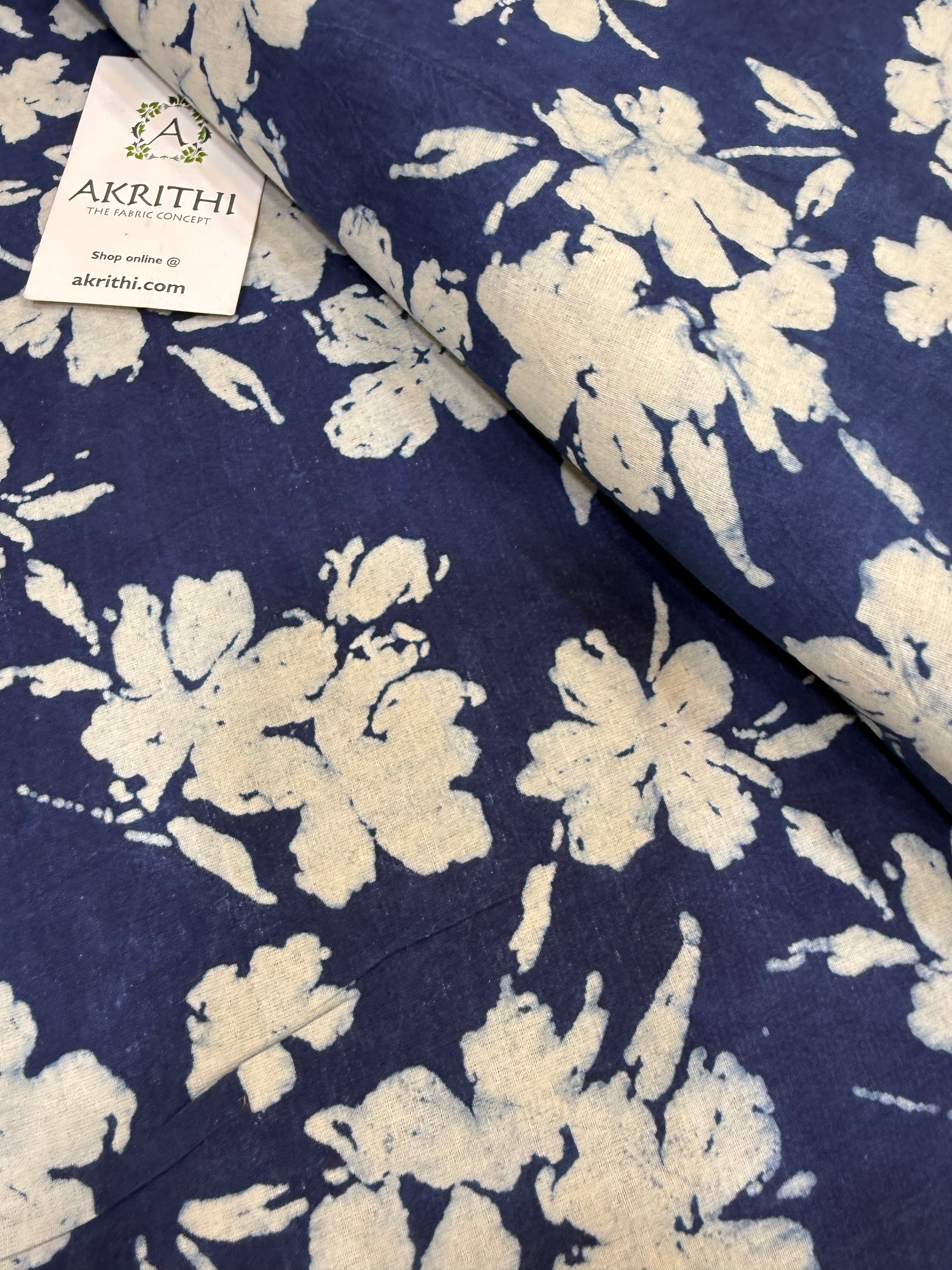 Indigo hand block printed pure cotton fabric