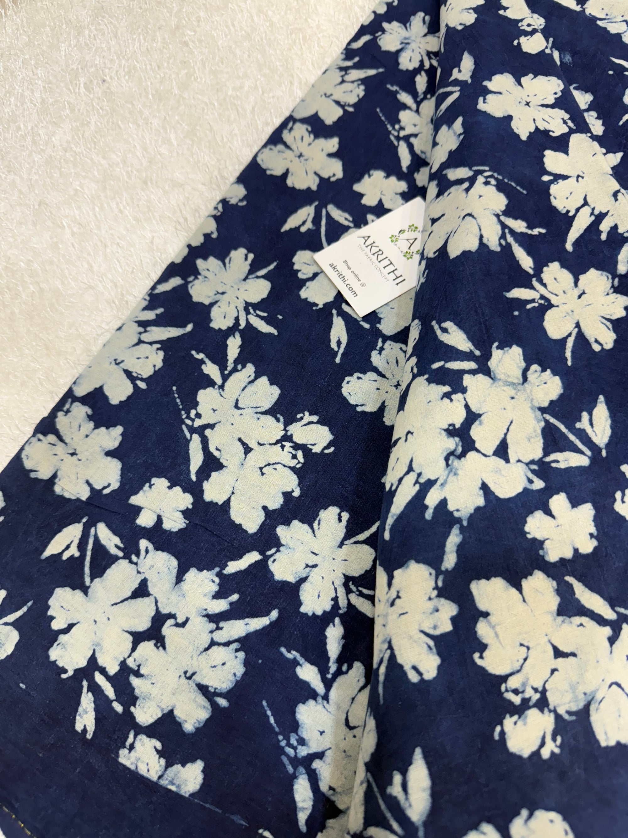 Indigo hand block printed pure cotton fabric