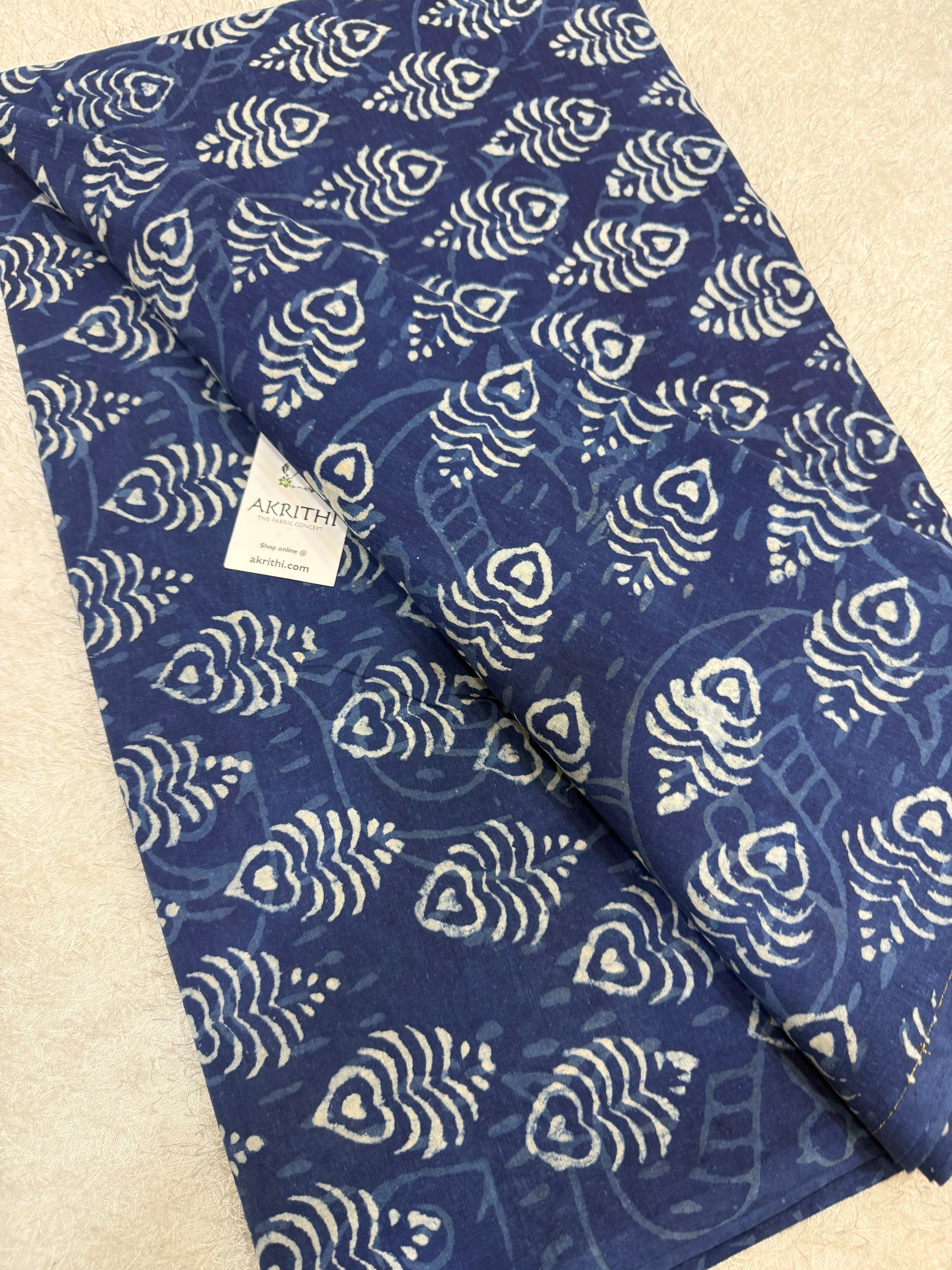 Indigo hand block printed pure cotton fabric