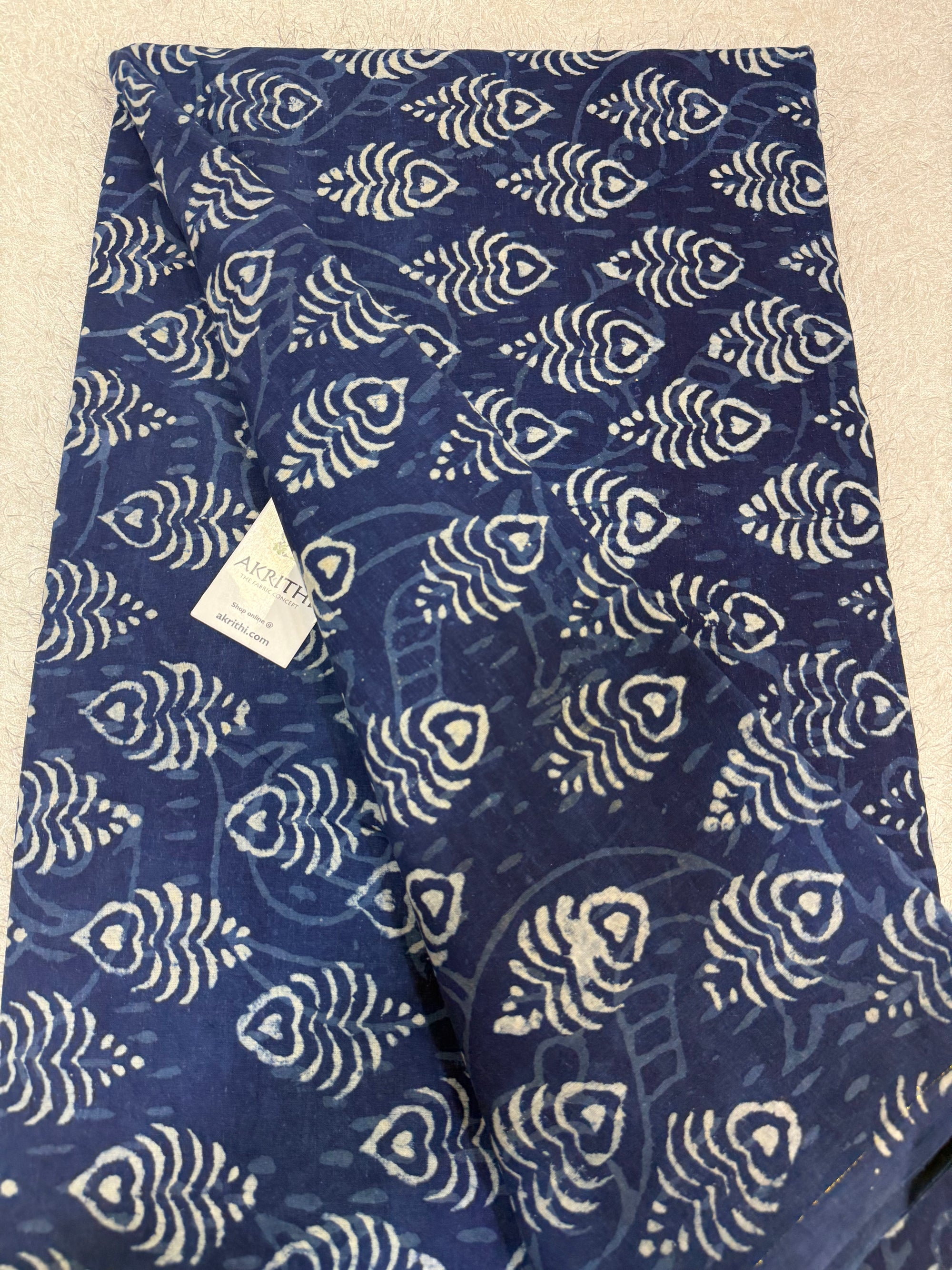 Indigo hand block printed pure cotton fabric