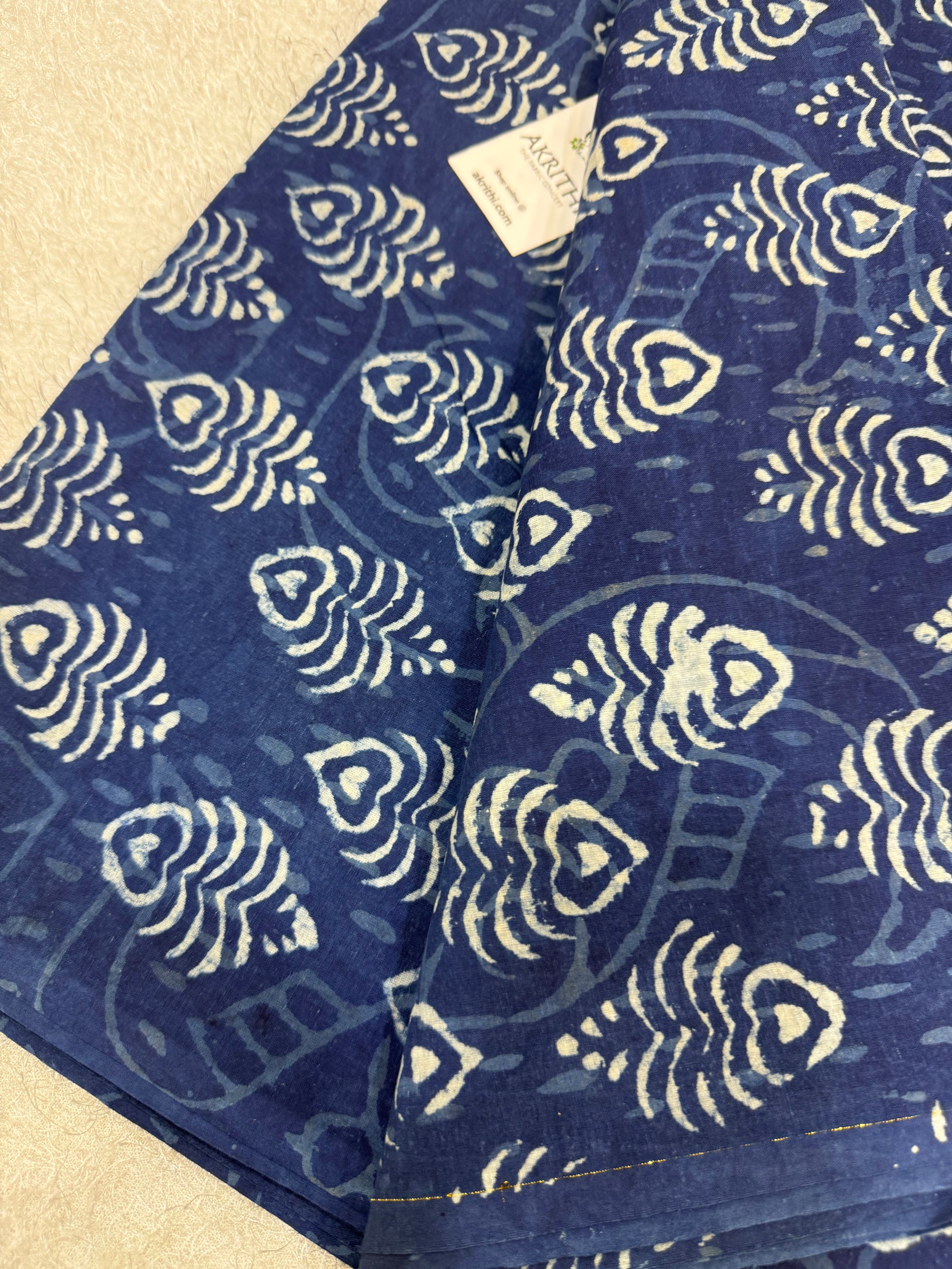 Indigo hand block printed pure cotton fabric