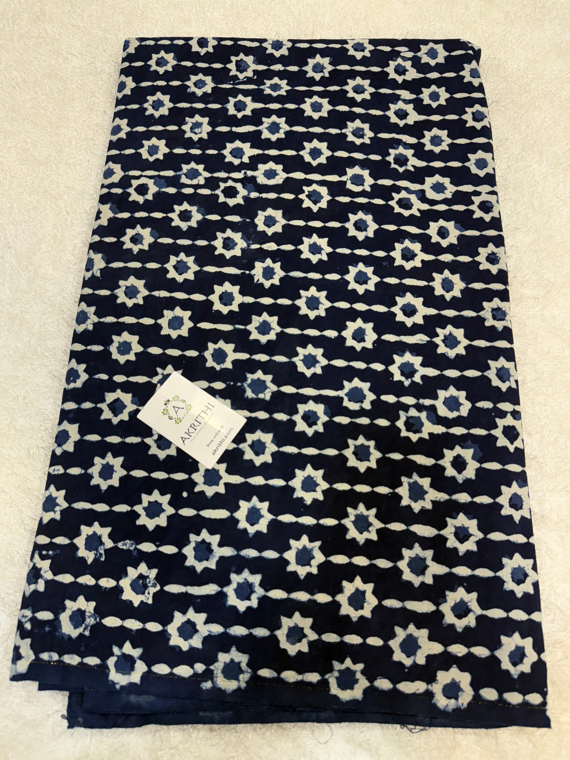 Indigo hand block printed pure cotton fabric