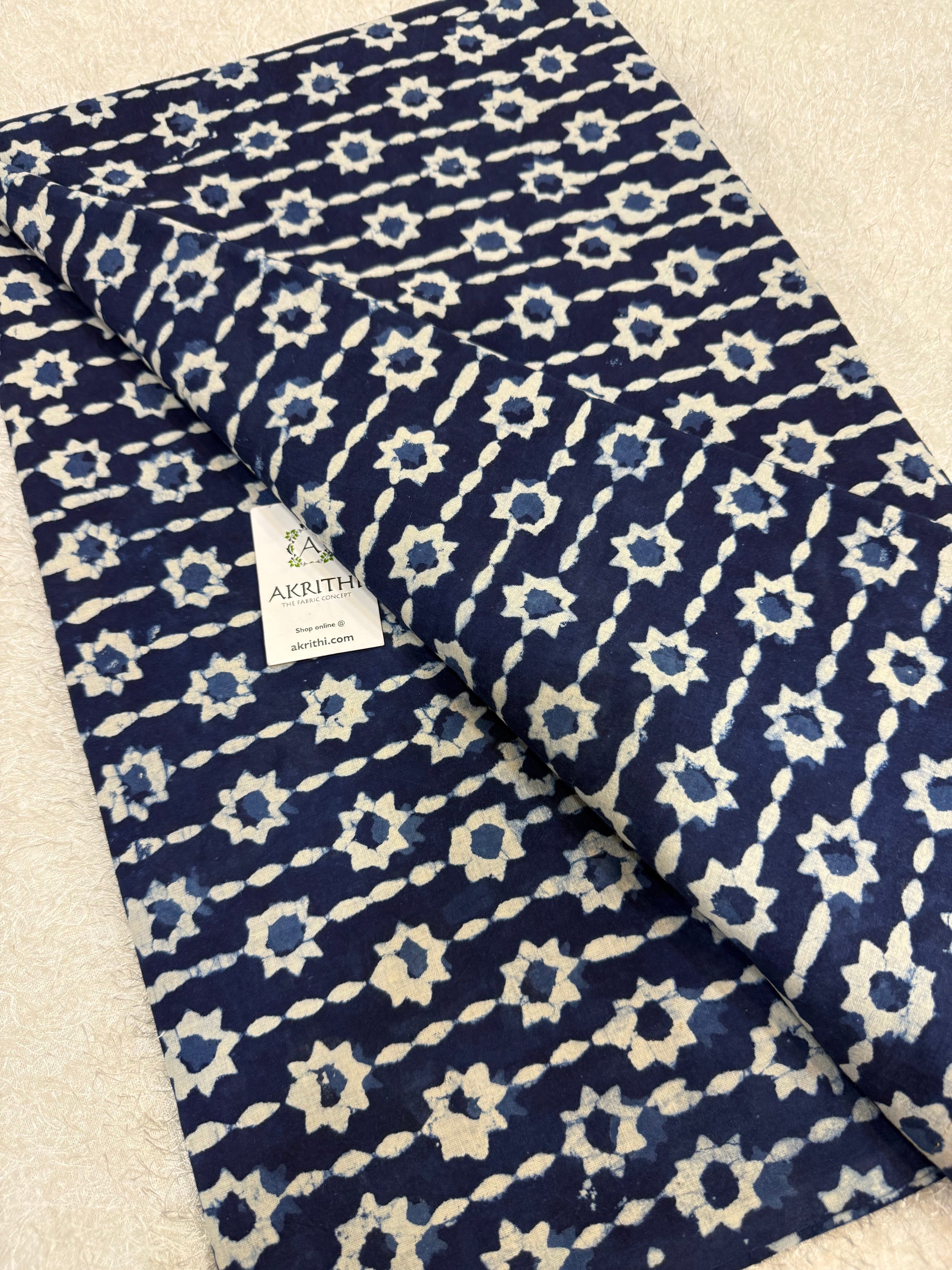 Indigo hand block printed pure cotton fabric