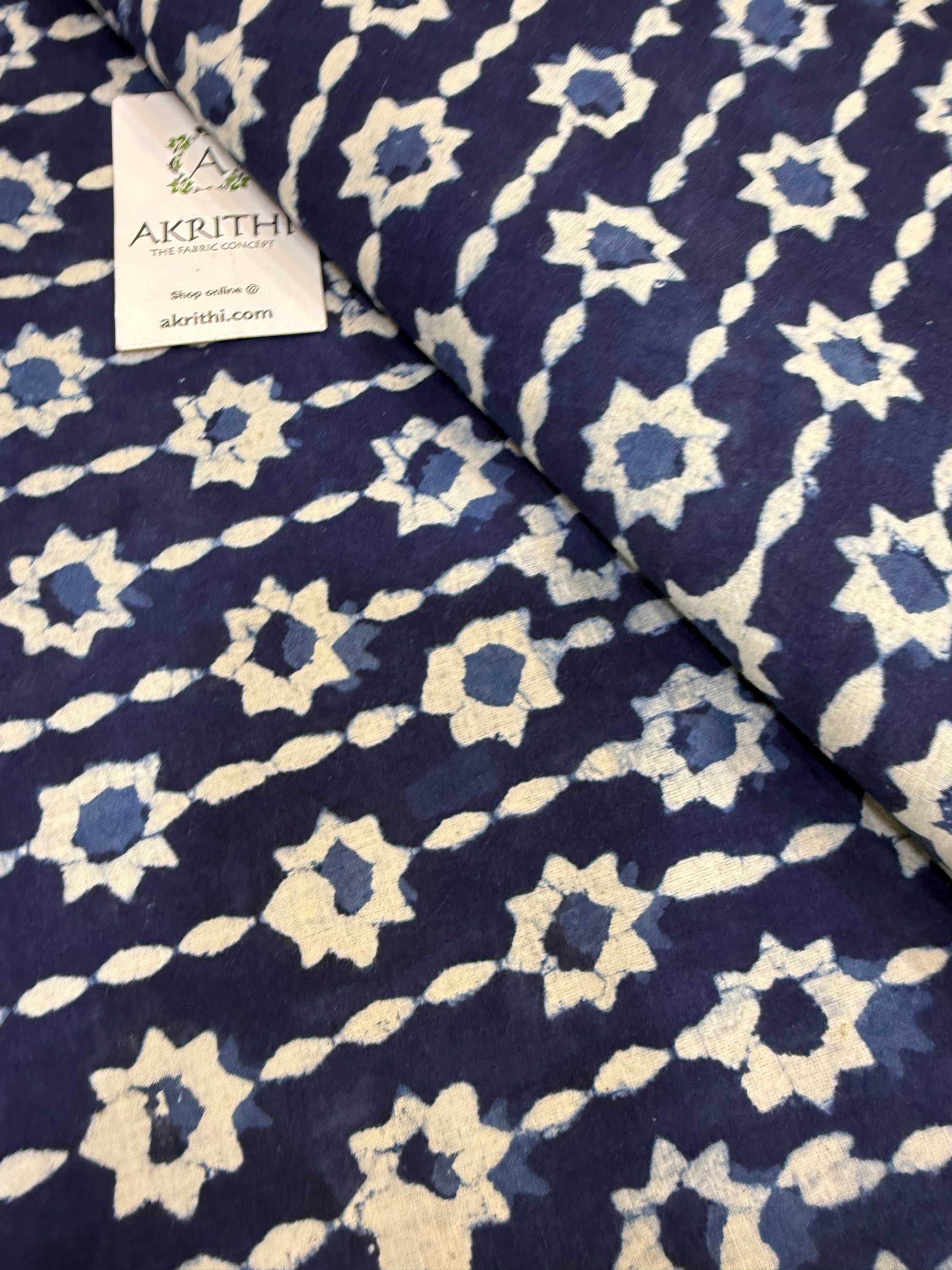 Indigo hand block printed pure cotton fabric