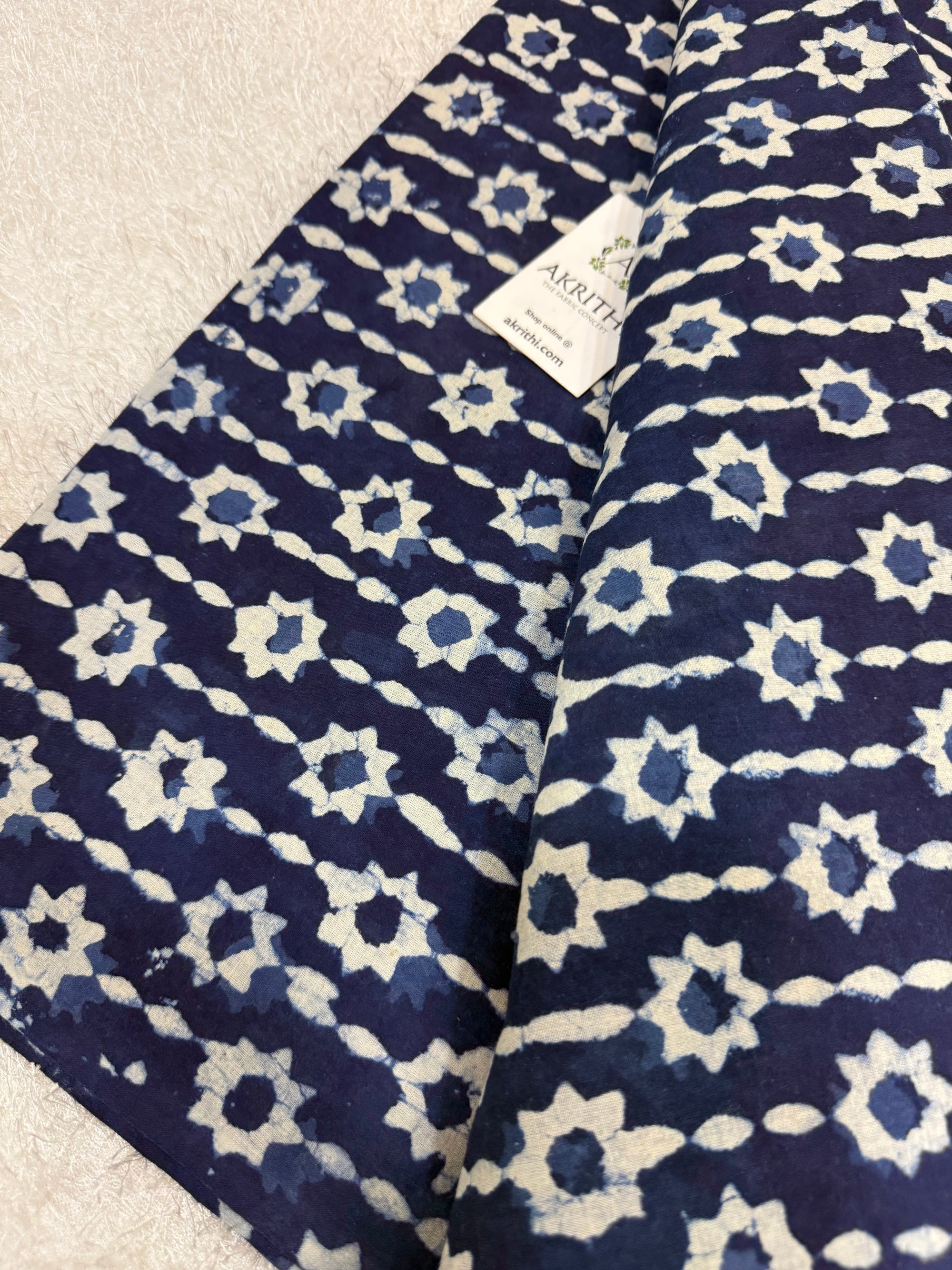 Indigo hand block printed pure cotton fabric
