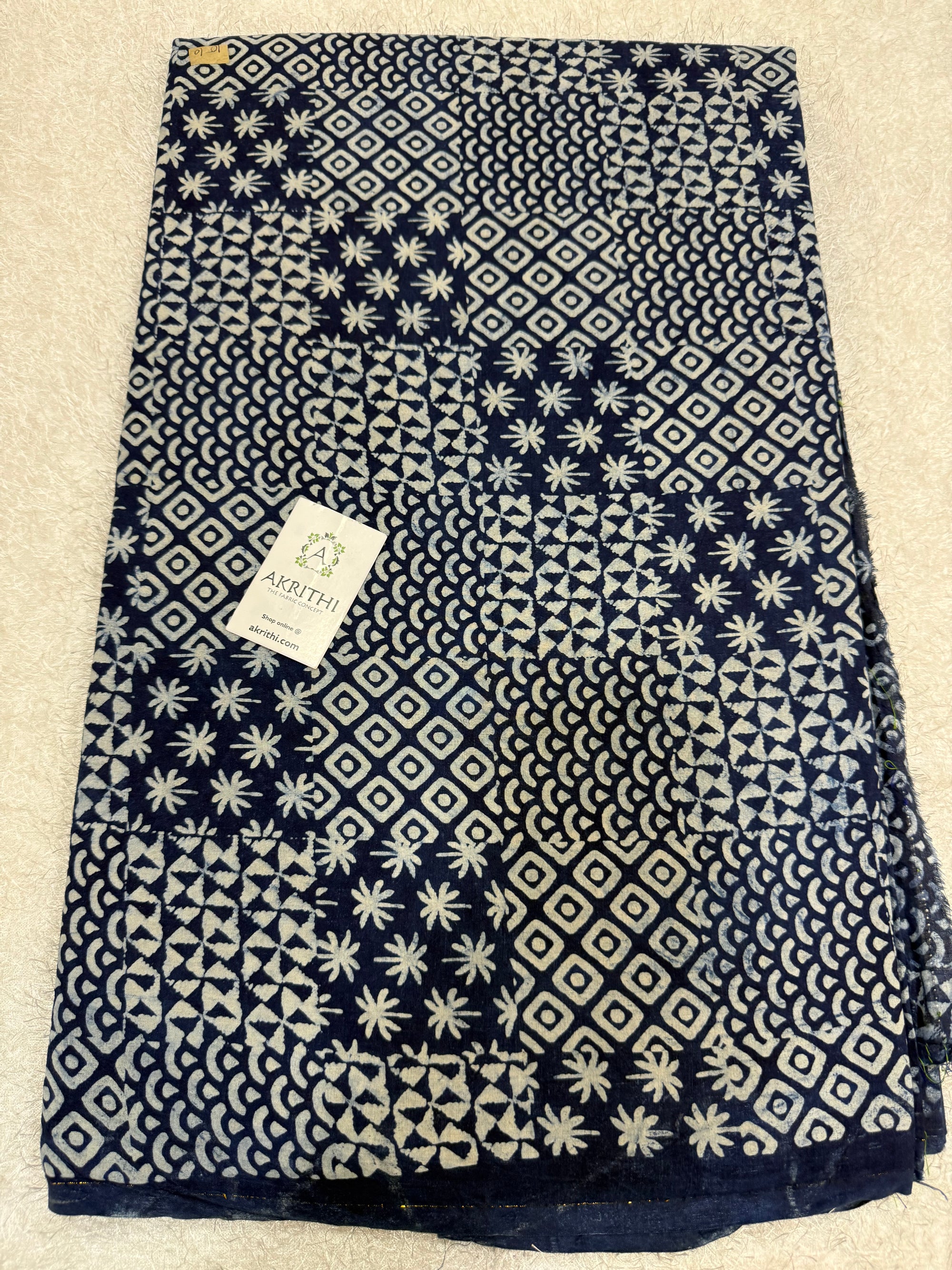 Indigo hand block printed pure cotton fabric