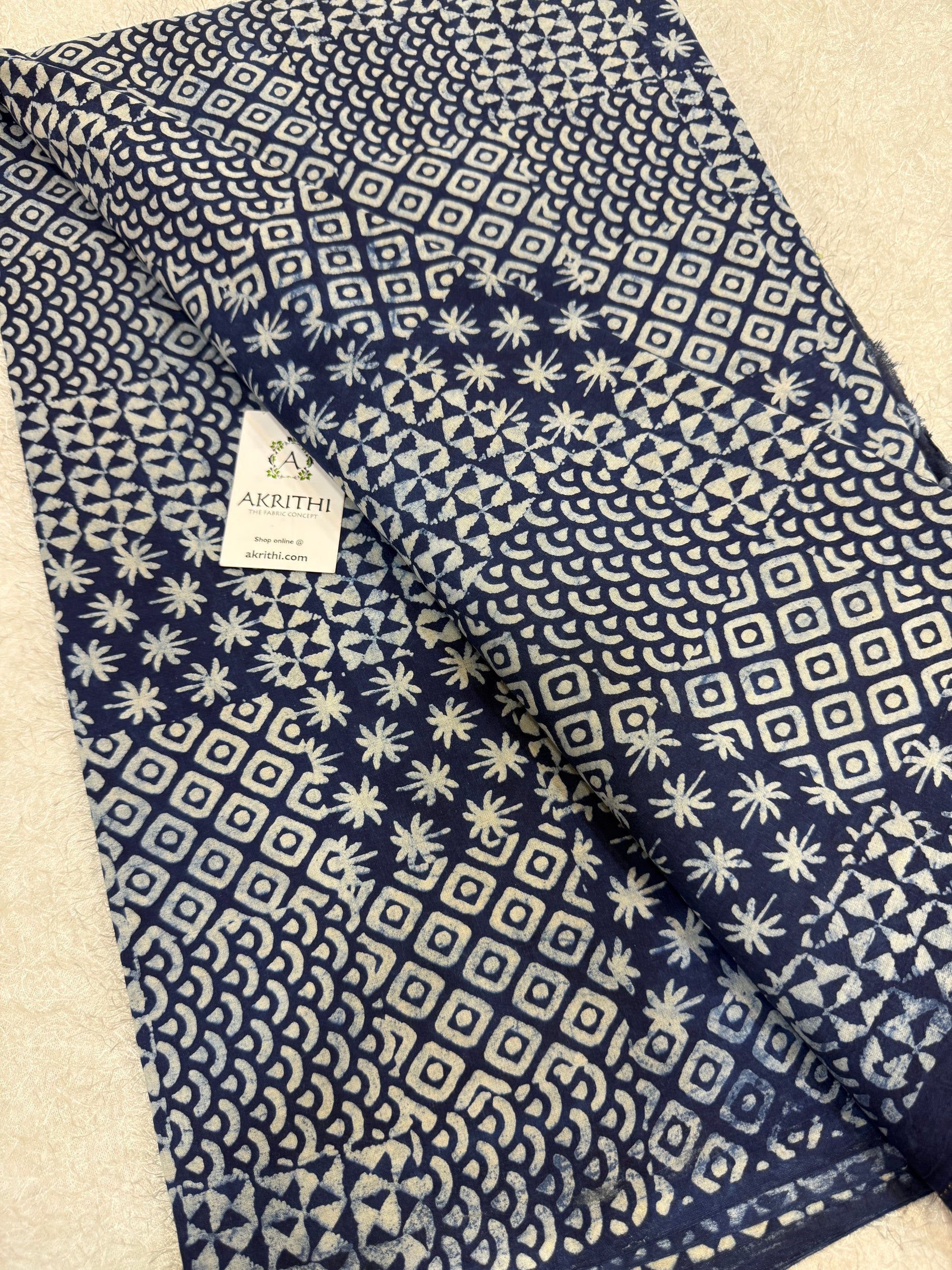 Indigo hand block printed pure cotton fabric