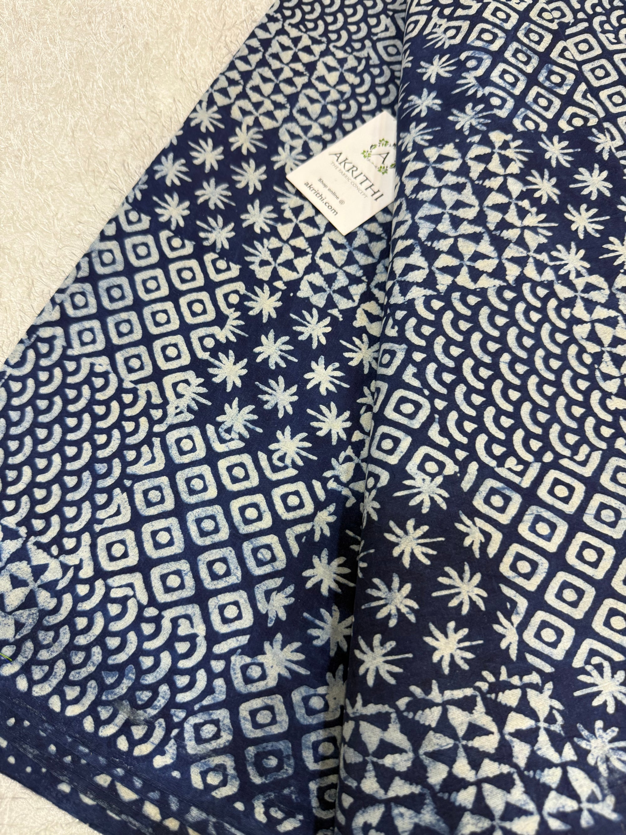 Indigo hand block printed pure cotton fabric