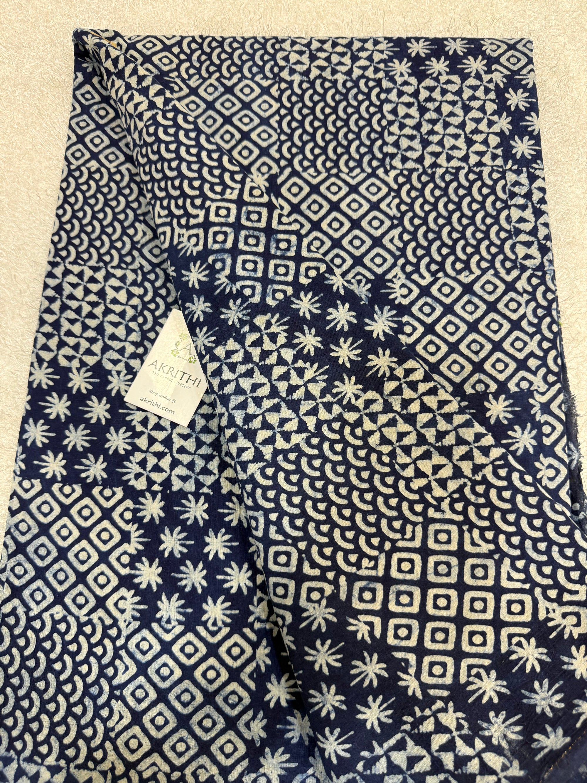 Indigo hand block printed pure cotton fabric