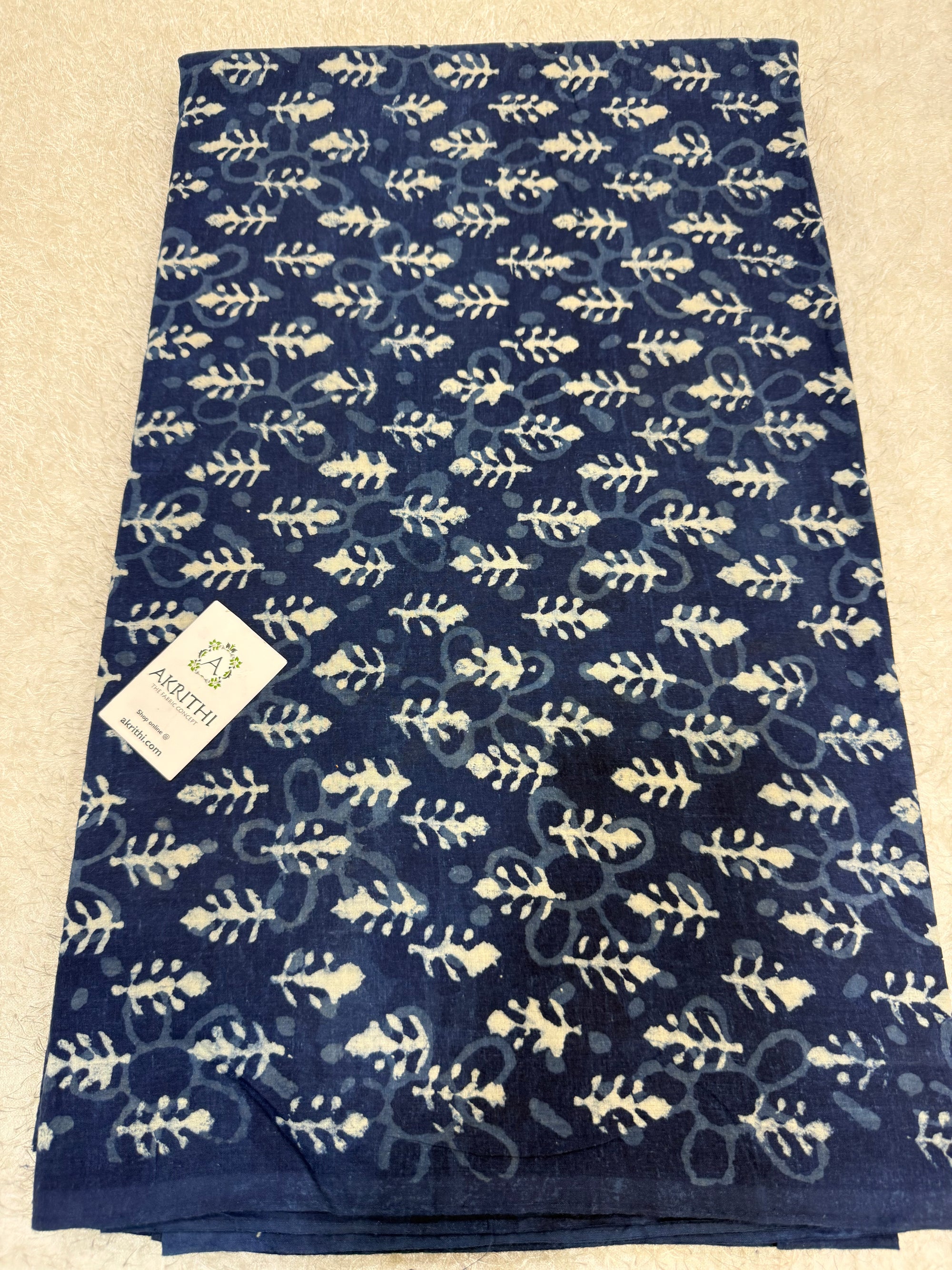 Indigo hand block printed pure cotton fabric