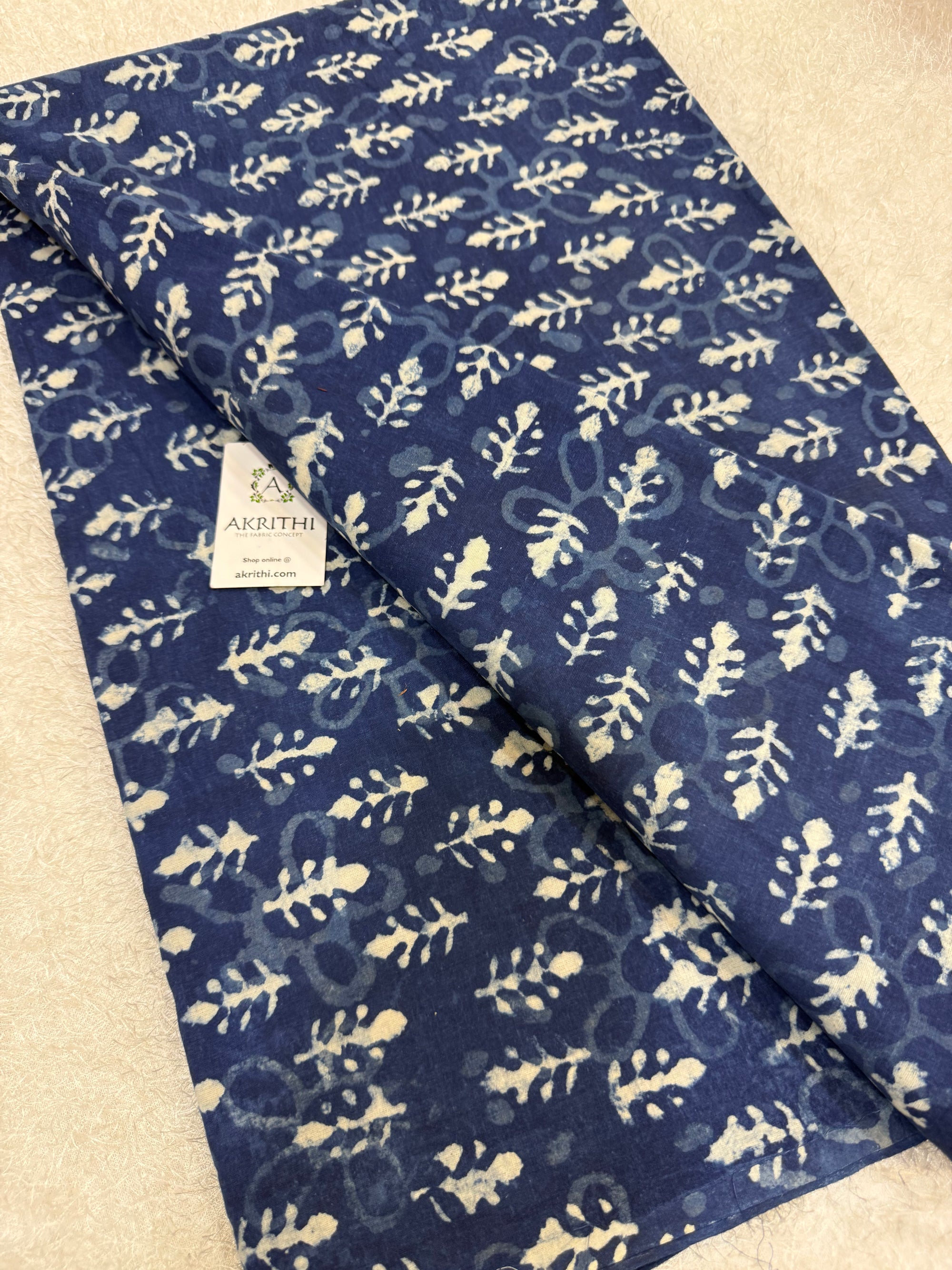 Indigo hand block printed pure cotton fabric