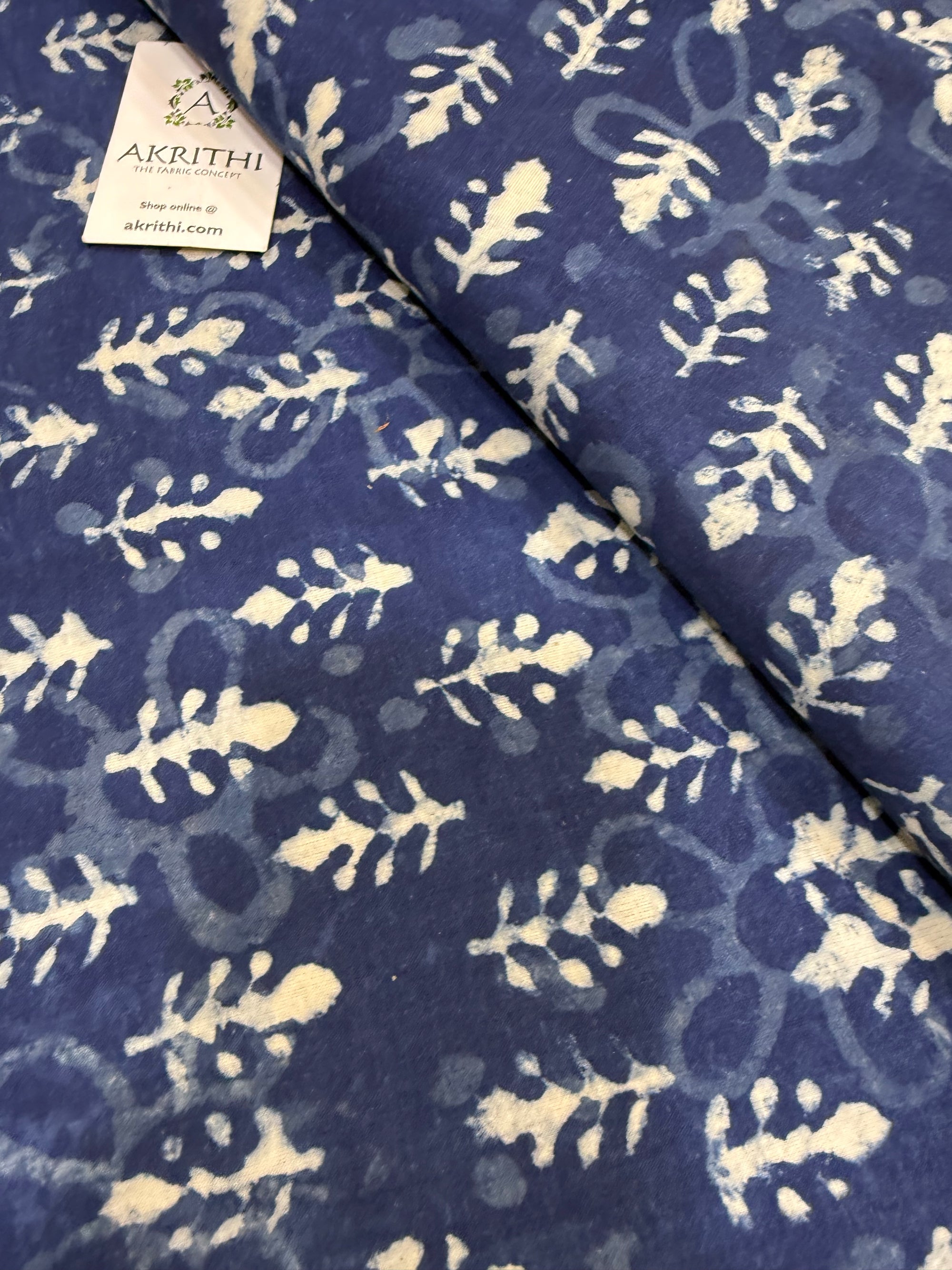 Indigo hand block printed pure cotton fabric