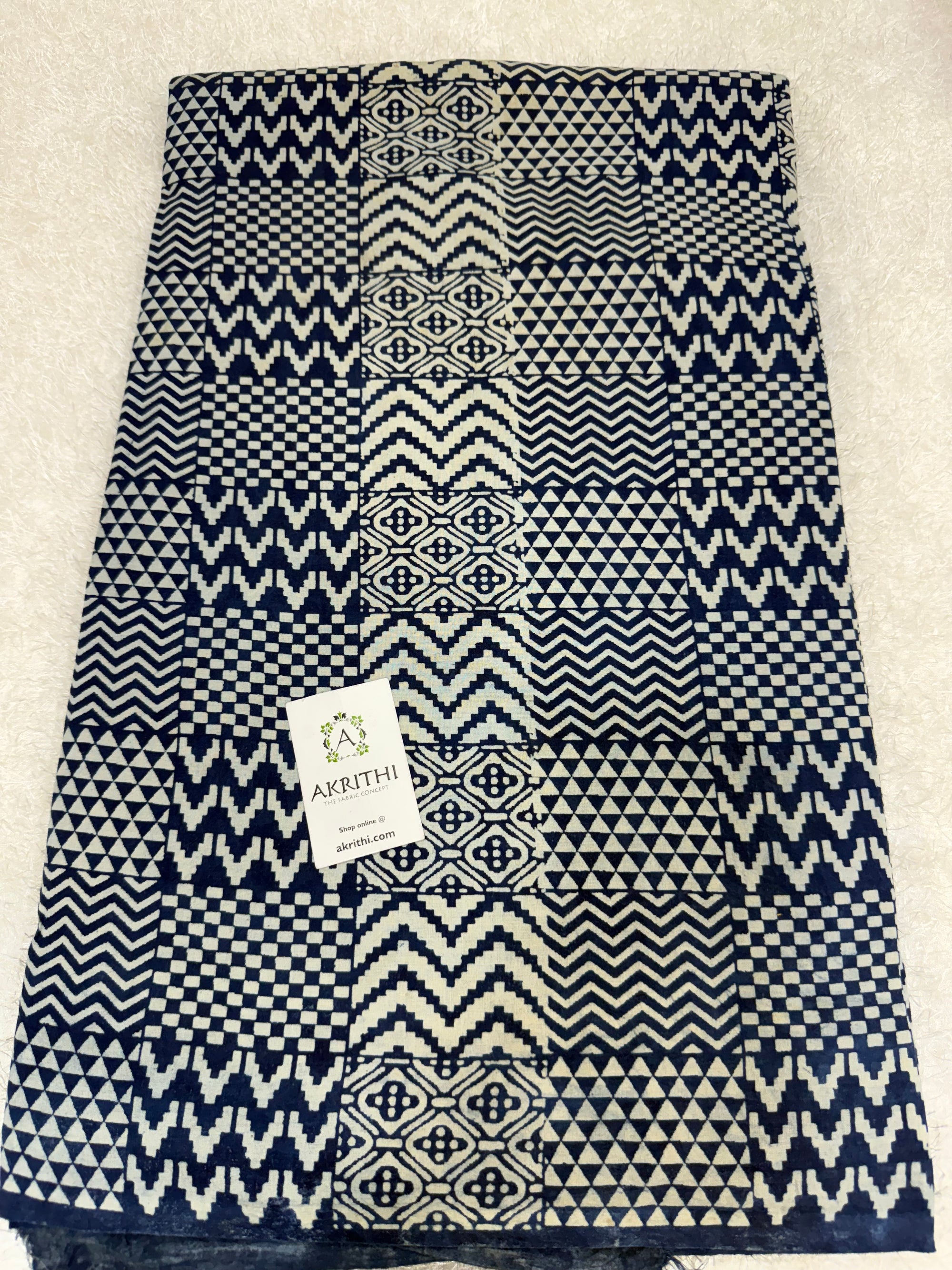 Indigo hand block printed pure cotton fabric