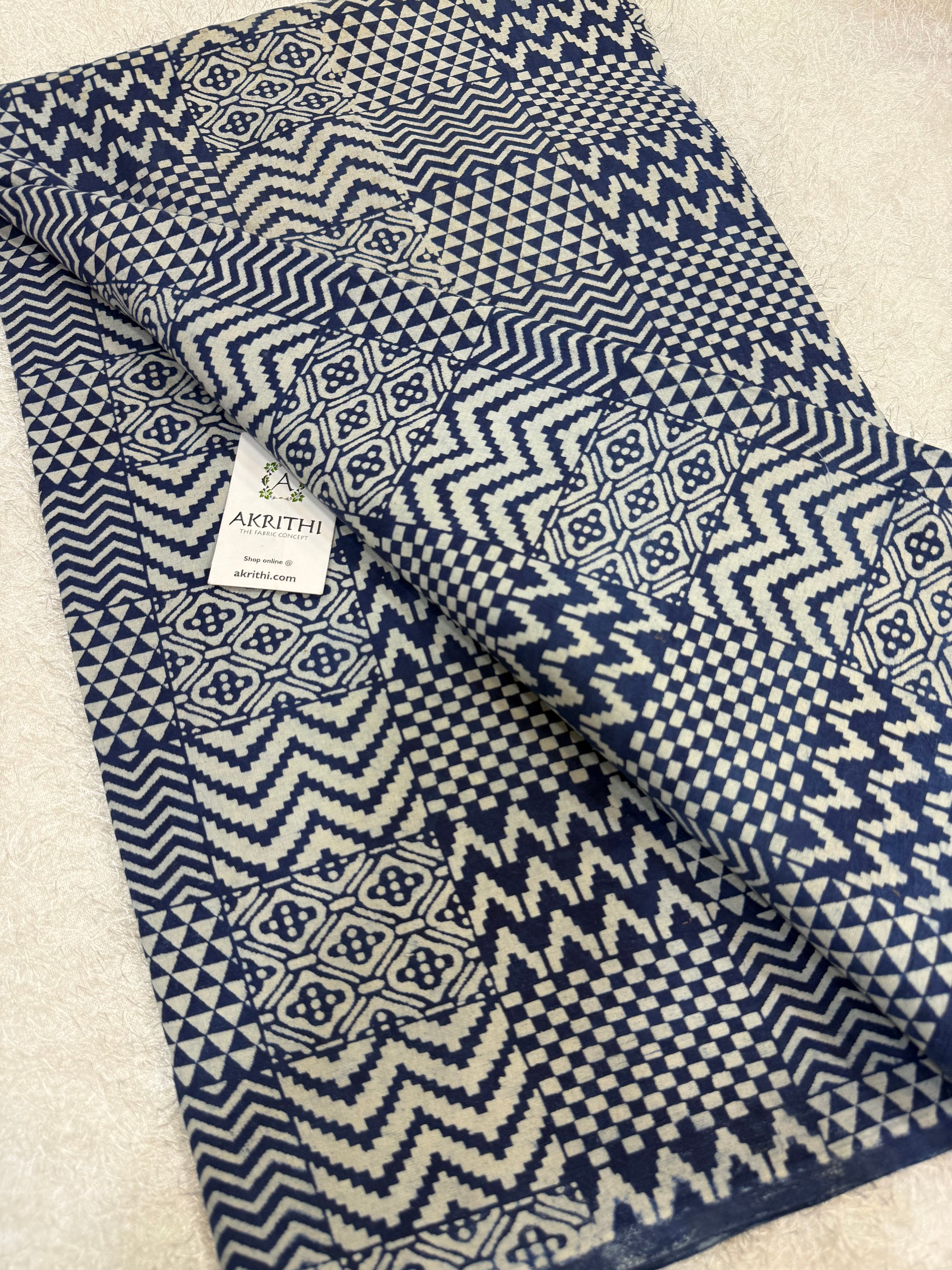 Indigo hand block printed pure cotton fabric