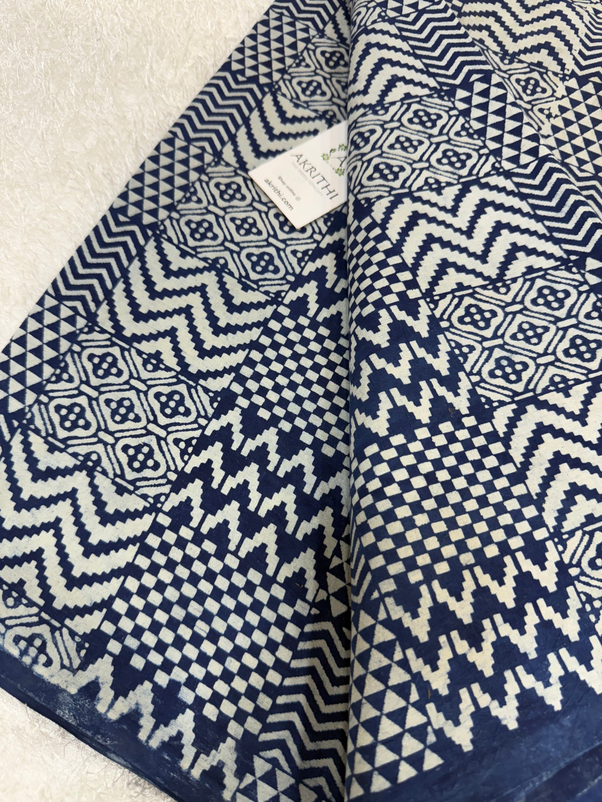 Indigo hand block printed pure cotton fabric