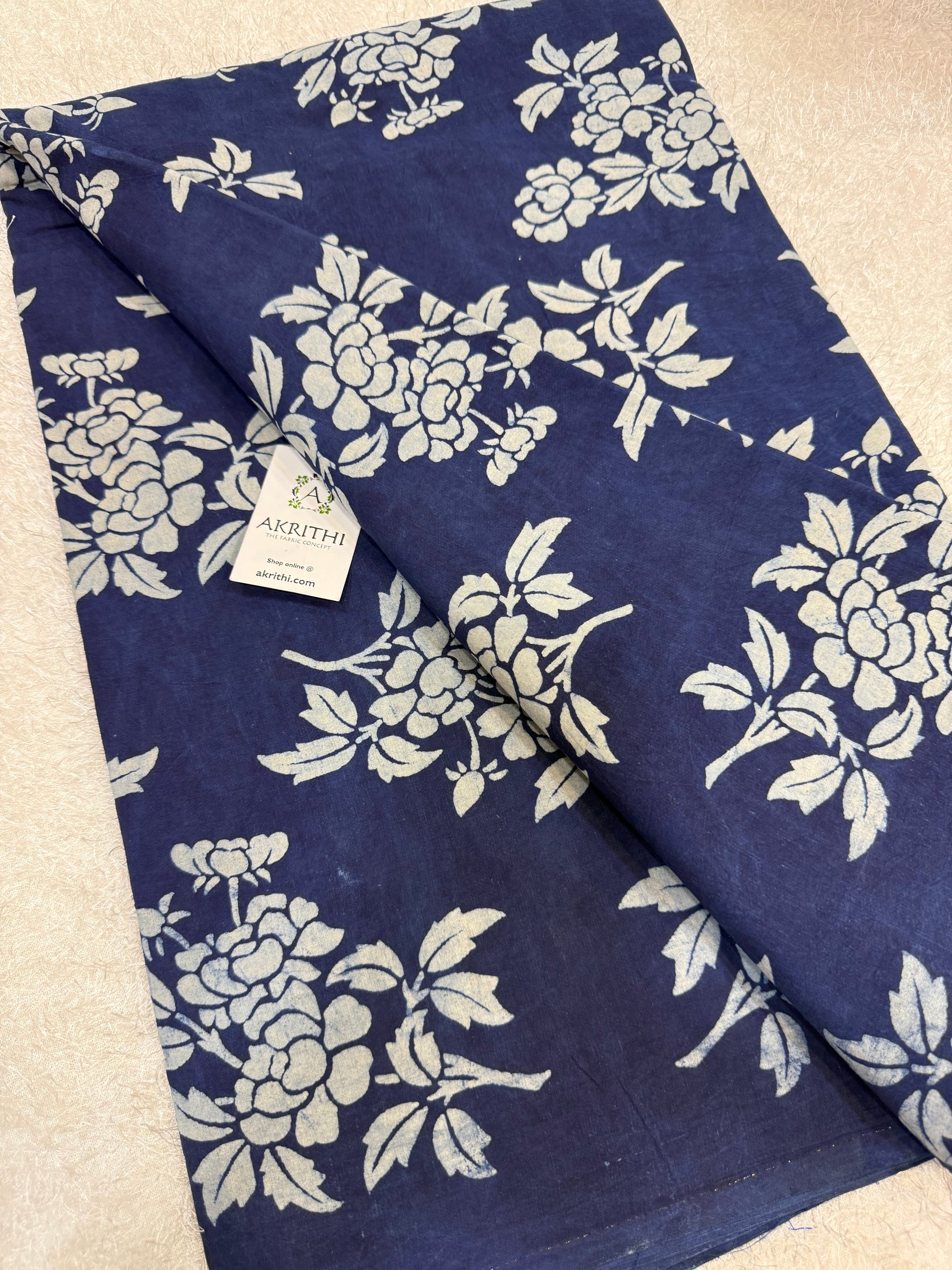 Indigo hand block printed pure cotton fabric