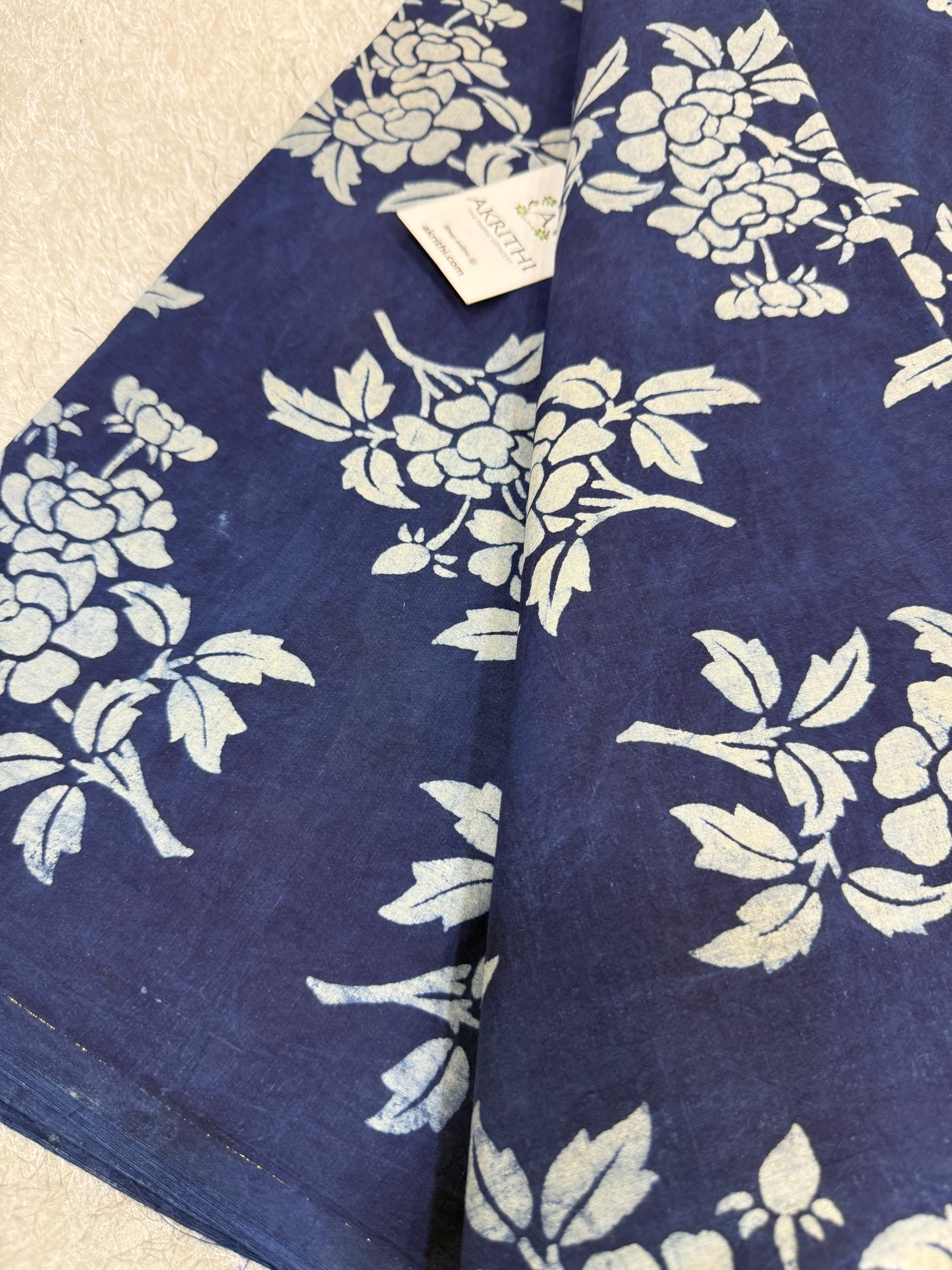 Indigo hand block printed pure cotton fabric